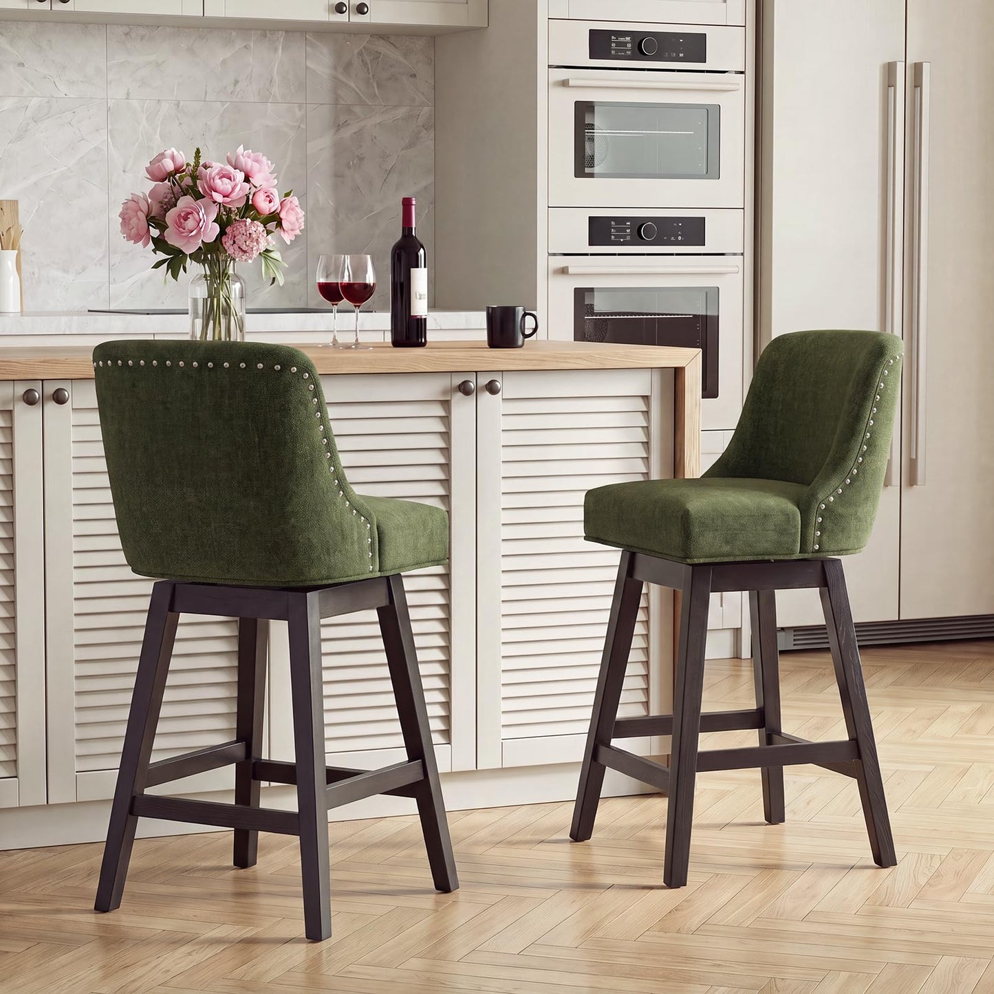 Bar Stools Set of 2, 360° Swivel Upholstered Counter Stools with Back, Wooden Frame Kitchen Bar Chairs with Nailhead Trim
