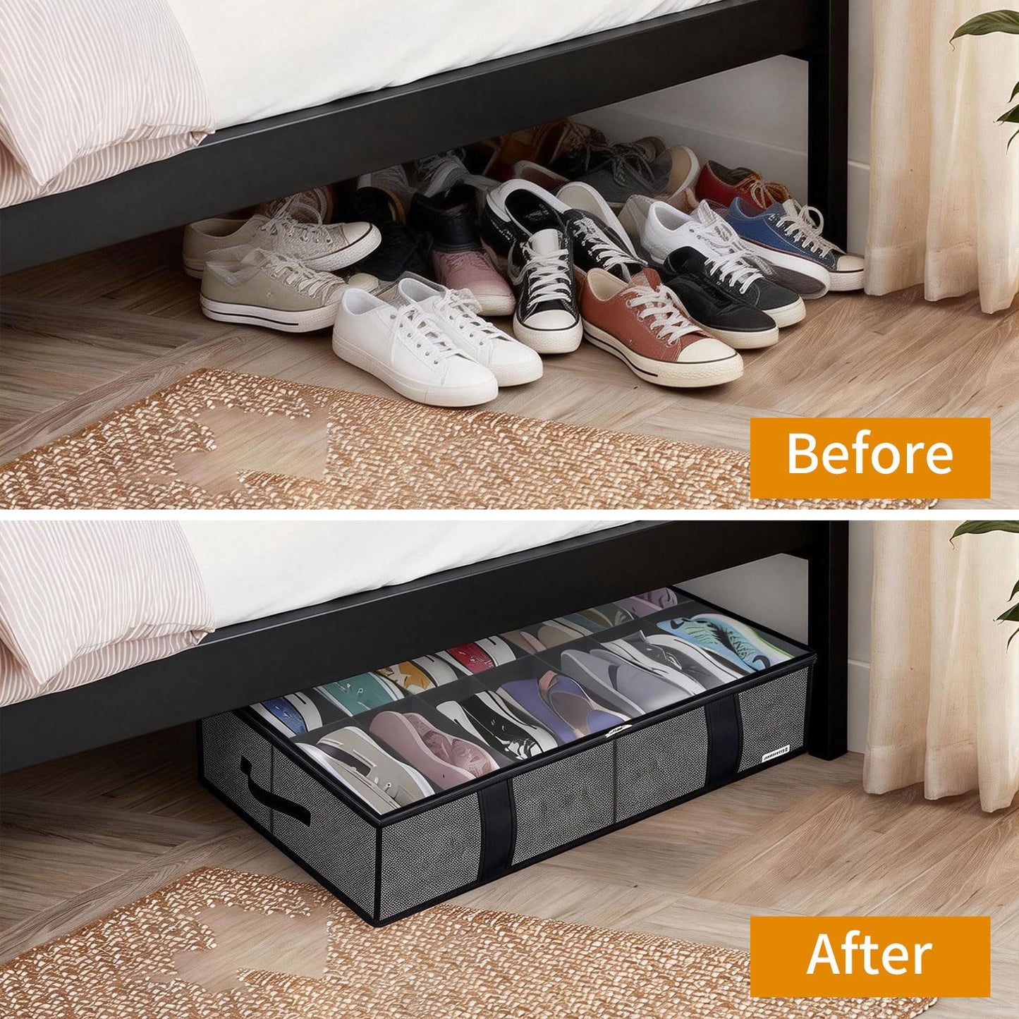 Yeqqzq Under Bed Shoe Storage Organizer with Dividers, Fits 28 Pairs Total, Shoe Holder with Leather Handles, Clear Cover, Foldable Storage Bag