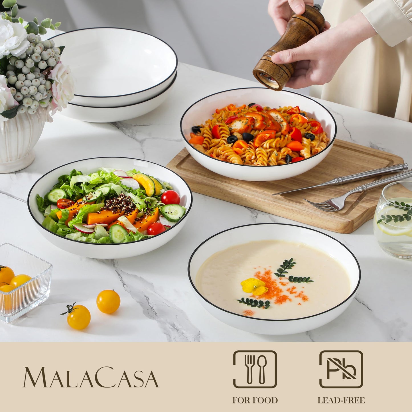 MALACASA Large Pasta Bowls Set of 6 with Black Rim, Pasta Bowls, Pasta Bowls Set, Ceramic Bowls Sets, Microwave and Dishwasher Safe, 6 Piece,