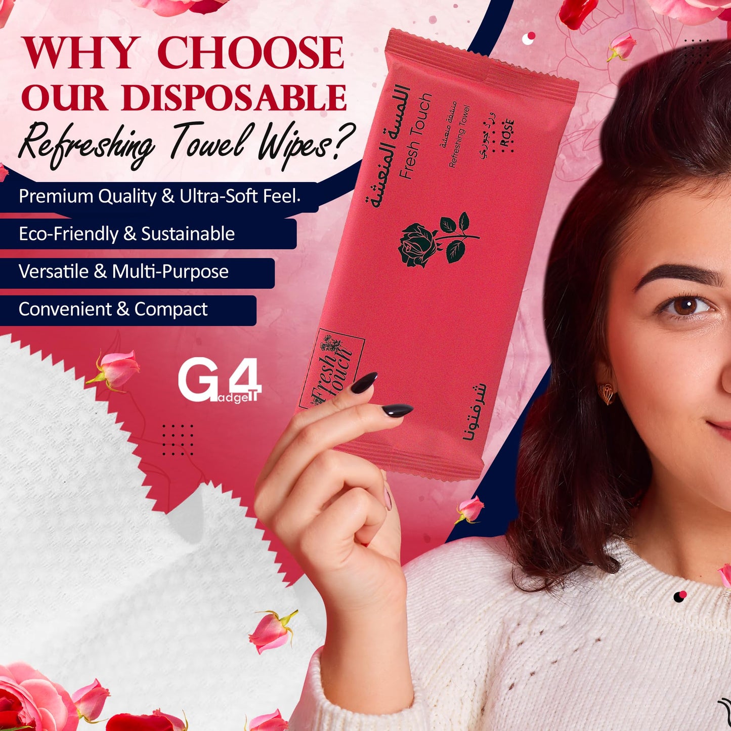 G4GADGET Luxury Disposable Refreshing Towel Wipes 6 Pack - Rose Scent | 25cm x 25cm Towels for Hands & Face | Hot & Cold Use | Ideal for Travel