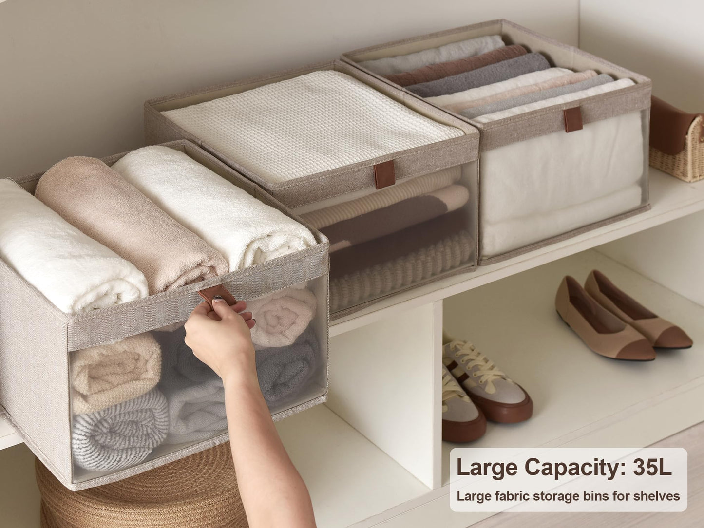 StorageWorks Storage Boxes, Fabric Storage Boxes for Shelves, Foldable Storage Baskets with Clear Window, Clothes Storage Boxes with Handles