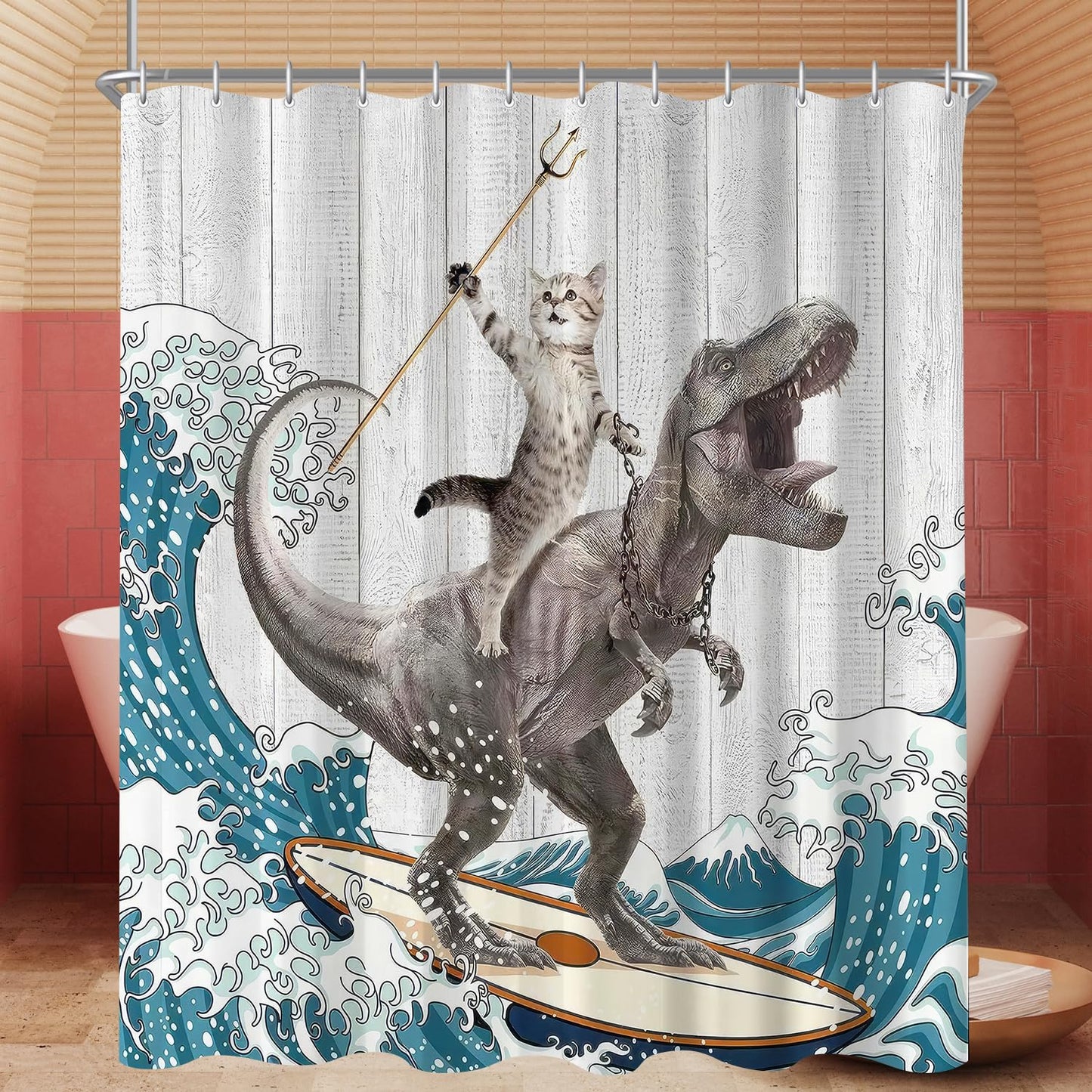 Lerores Shower Curtain, 180 x 200 cm, Cats and Dinosaurs, Weighted Hem, Anti-Mould, Water-Repellent, Washable Polyester Bath Curtains with 12 Eyelets