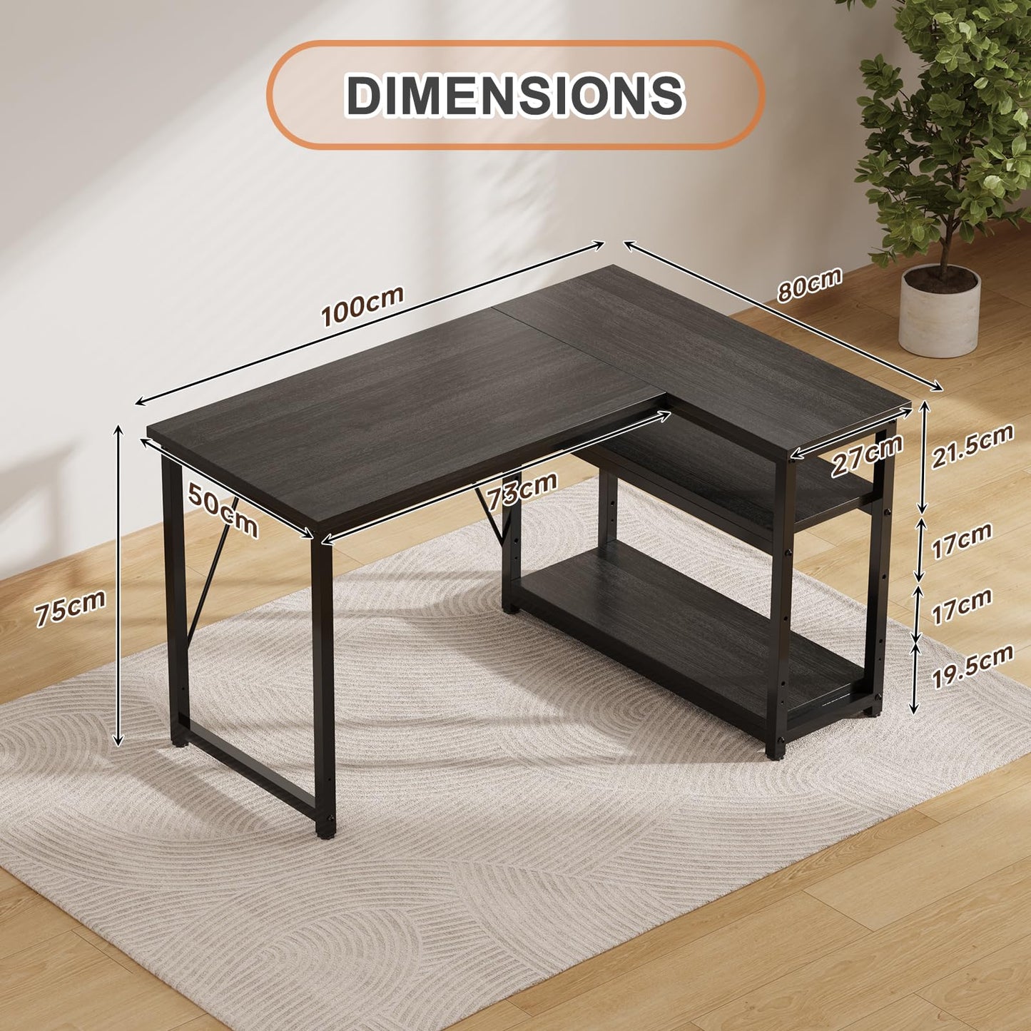 JUMMICO Small L Shaped Desk 100x80cm with Storage, Corner Computer Desk with Reversible Shelf, Sturdy Office Desk & Workstations for Home Office