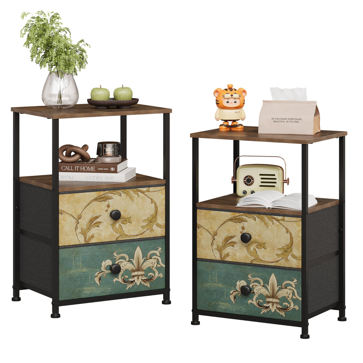 VEDECASA Chest of Drawers 2 Sets Bedside Table with Open Shelves and 2 Drawers Dressers for Bedroom Rustic Nightstand Cabinet for Living Room Sofa