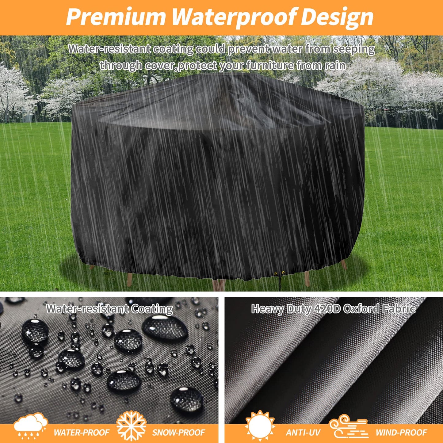RICHIE Round Garden Furniture Covers Waterproof, Large Round Garden Table Cover 230x90cm, Heavy Duty 420D Outdoor Round Table Cover Windproof, Anti-UV