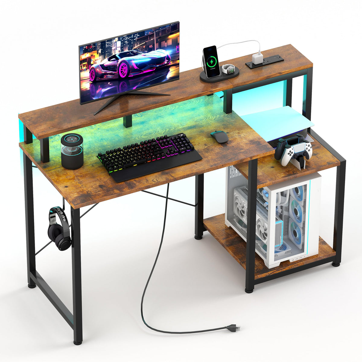 CAIYUN Computer Desk with Printer Stand, 48 Inch Computer with Power Outlets & Adjustable LED, Office Desk with Monitor Stand Rise