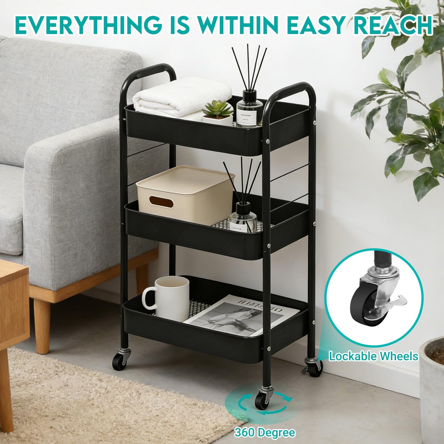 ZOESTORAGE 3 Tier Trolley Cart,Metal Storage Trolley on Wheels for Bathroom,Kitchen,Laundry,Bedroom and Storage Cart for Book,Snack,Black