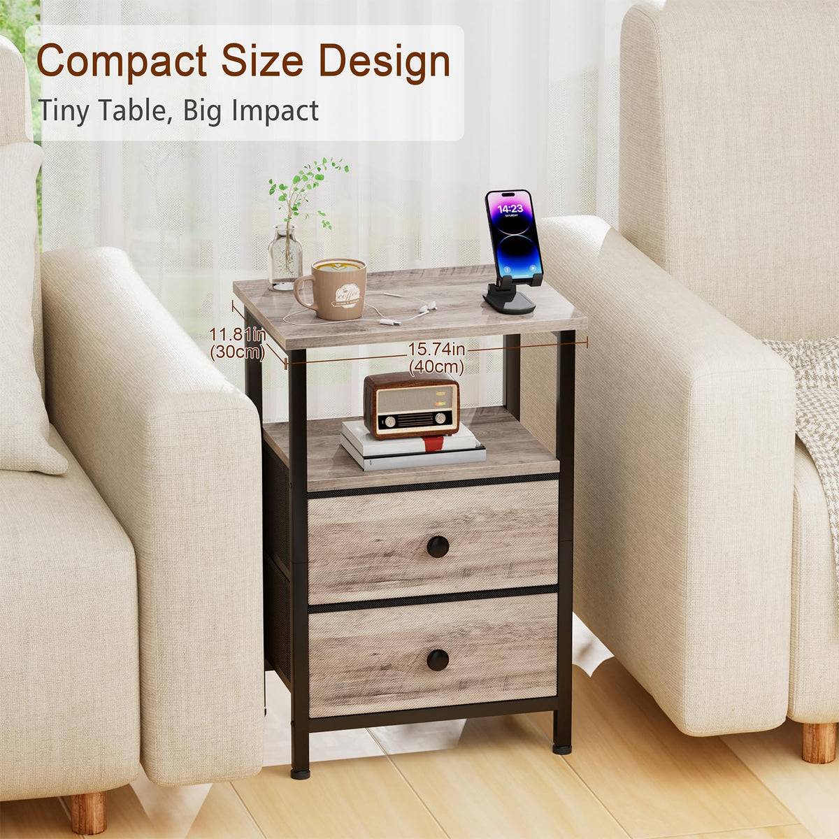 LOAKEKEL Bedside Table, Side Table with 2 Fabric Drawers, Sofa Table