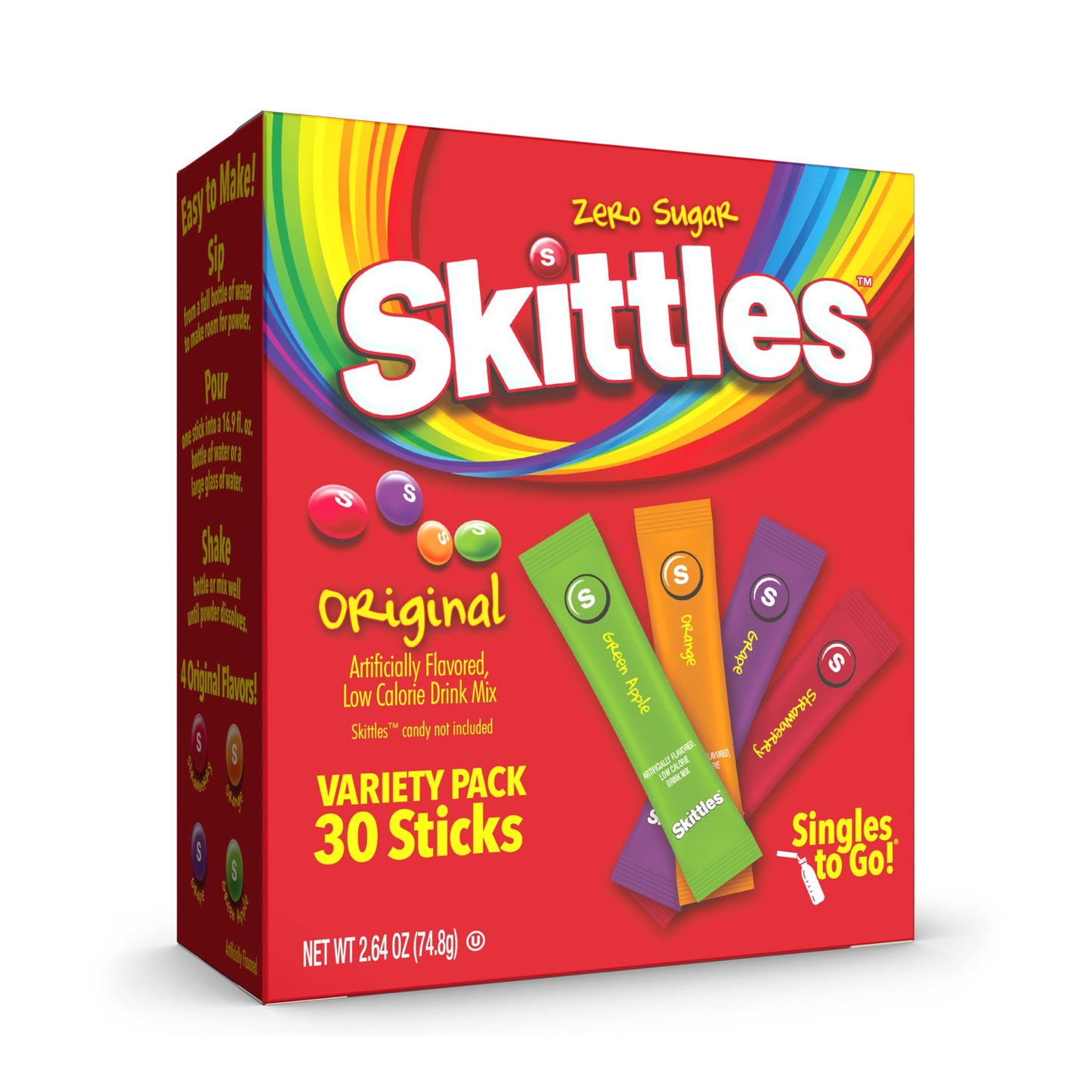 Skittles Singles To Go Variety Pack, Powdered Drink Mix, Zero Sugar, Low Calorie, Includes 4 Flavors: Green Apple, Strawberry, Grape, Orange, 1 Box