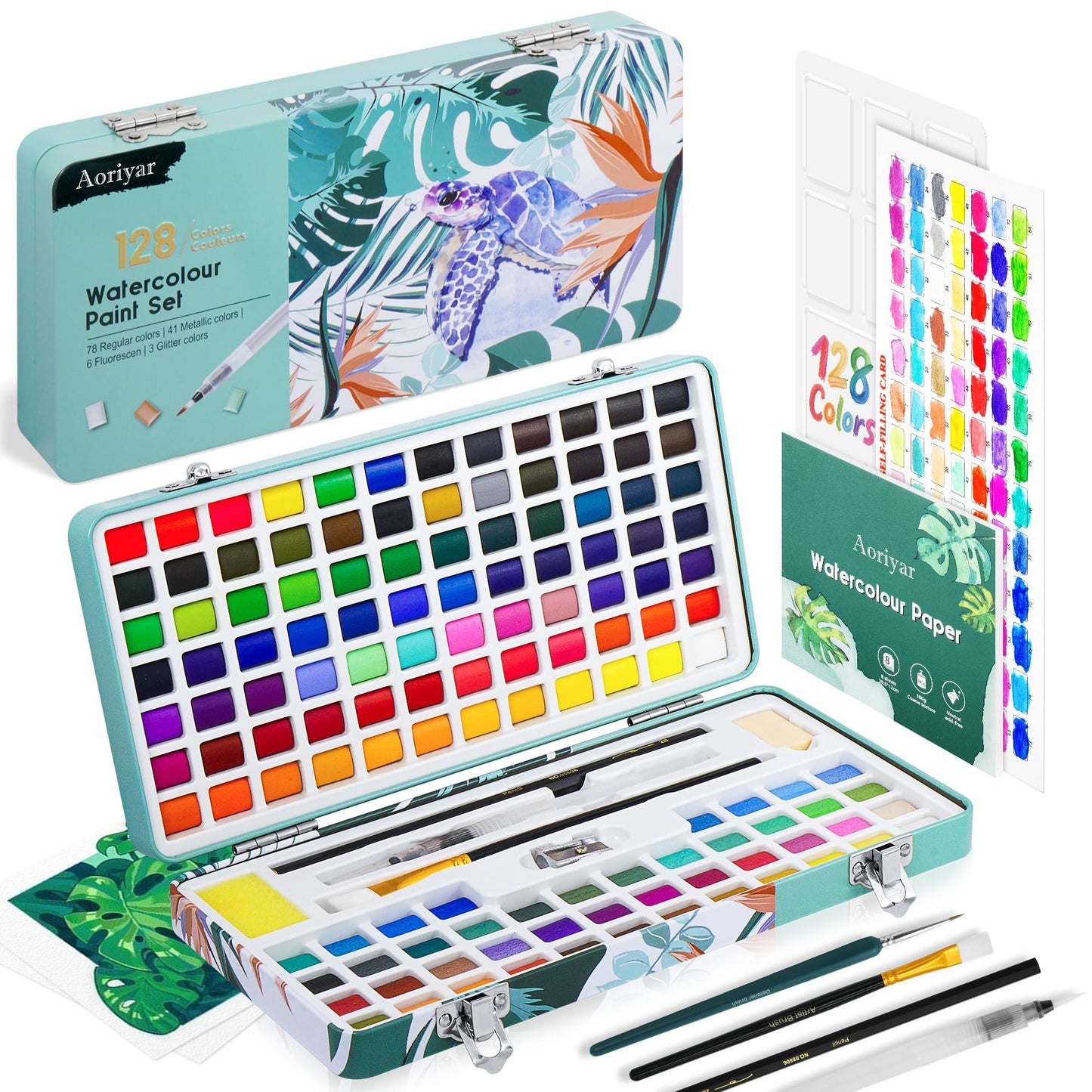Watercolour Paint Travel Sets with Palette - 128 Art Supplies Water Color Painting Professional Kit for Kids Adults Artists - Portable Metallic