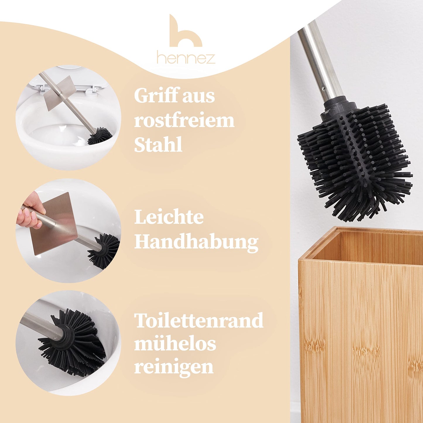 HENNEZ Silicone Toilet Brush with Bamboo Brush Holder