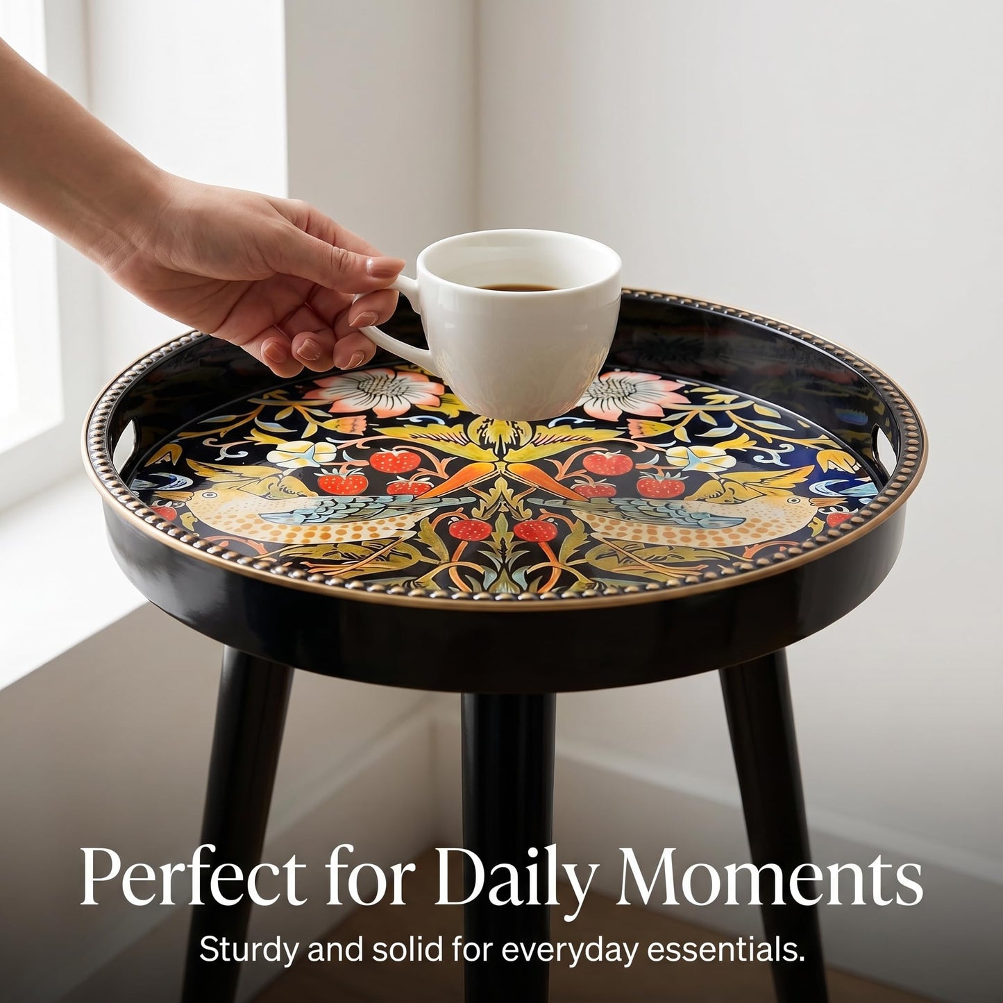 Simmer Stone Round Indoor Side Tables with Detachable Wooden 3 Legs, Versatile Tray Table, Perfect For Round Coffee Table Tea