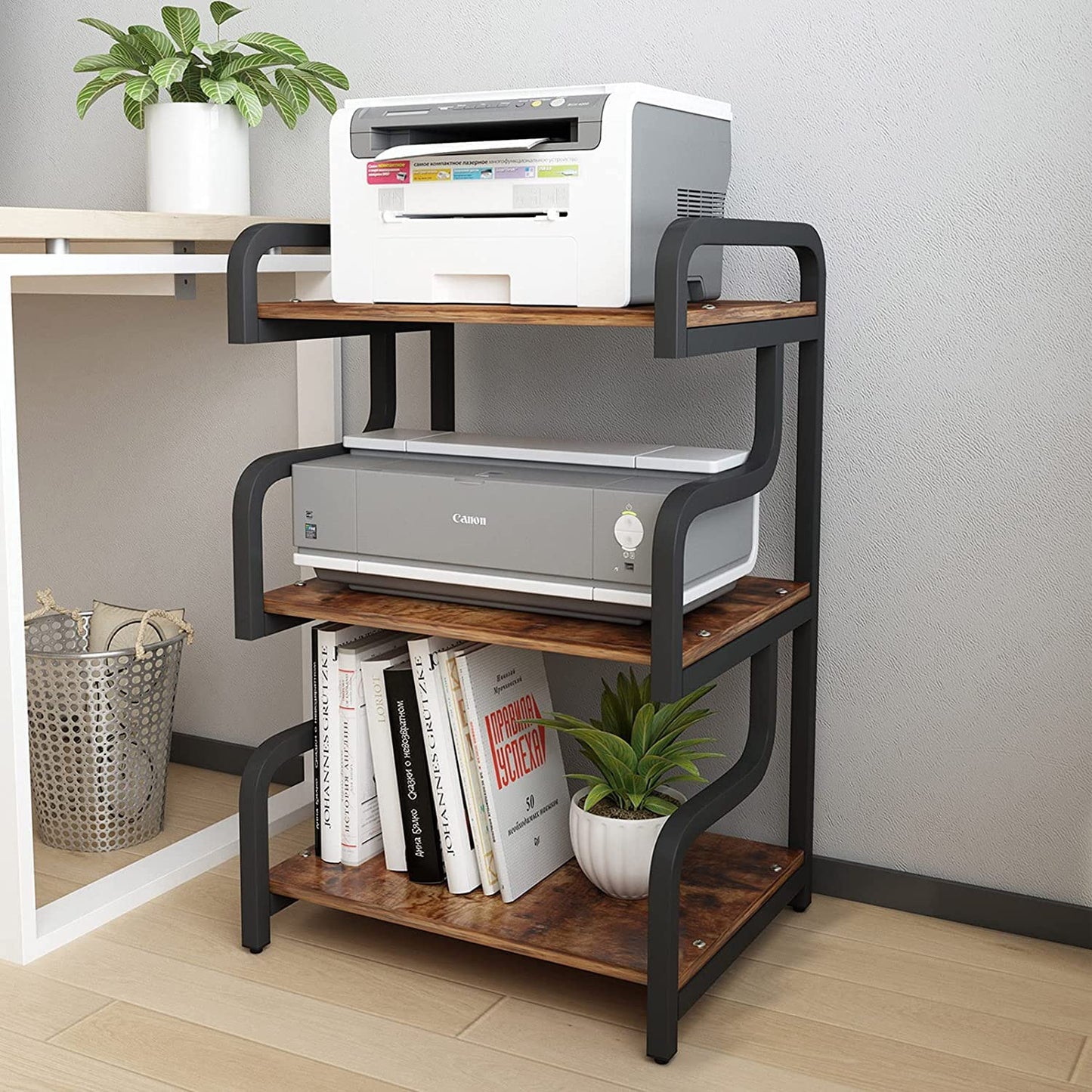 PUNCIA 3-Tier Printer Stand with Storage Movable Printer Table on Wheels Mobile Storage Cart Shelf Rack for Media Player Scanner Files Books Microwave