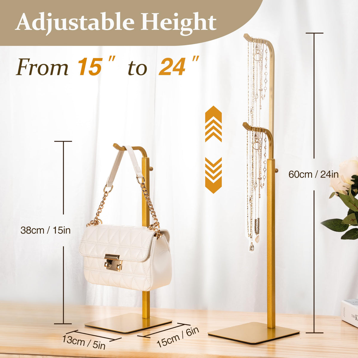Josmimic Gold Tabletop Display Racks for Purses and Banners, 1-Pack