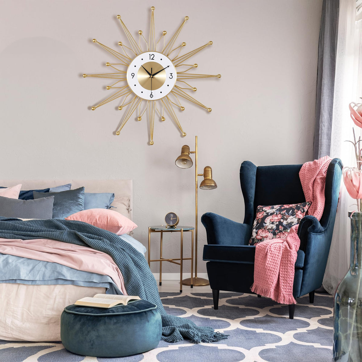 Lafocuse Silent Metal 23 Inch Large Wall Clocks for Living Room Modern, Sunburst Starburst Clock, Gold Mid Century Wall Clock Battery Operated Kitchen