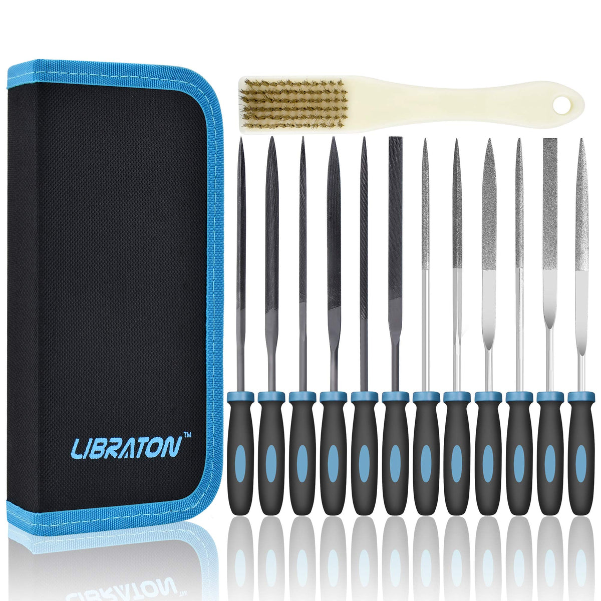 LIBRATON Needle Files Set 13PCS with 6 Steel File, 6 Diamond File Set, Cleaning Brush & Carrying Case for Wood and Metal Work DIY Metal File
