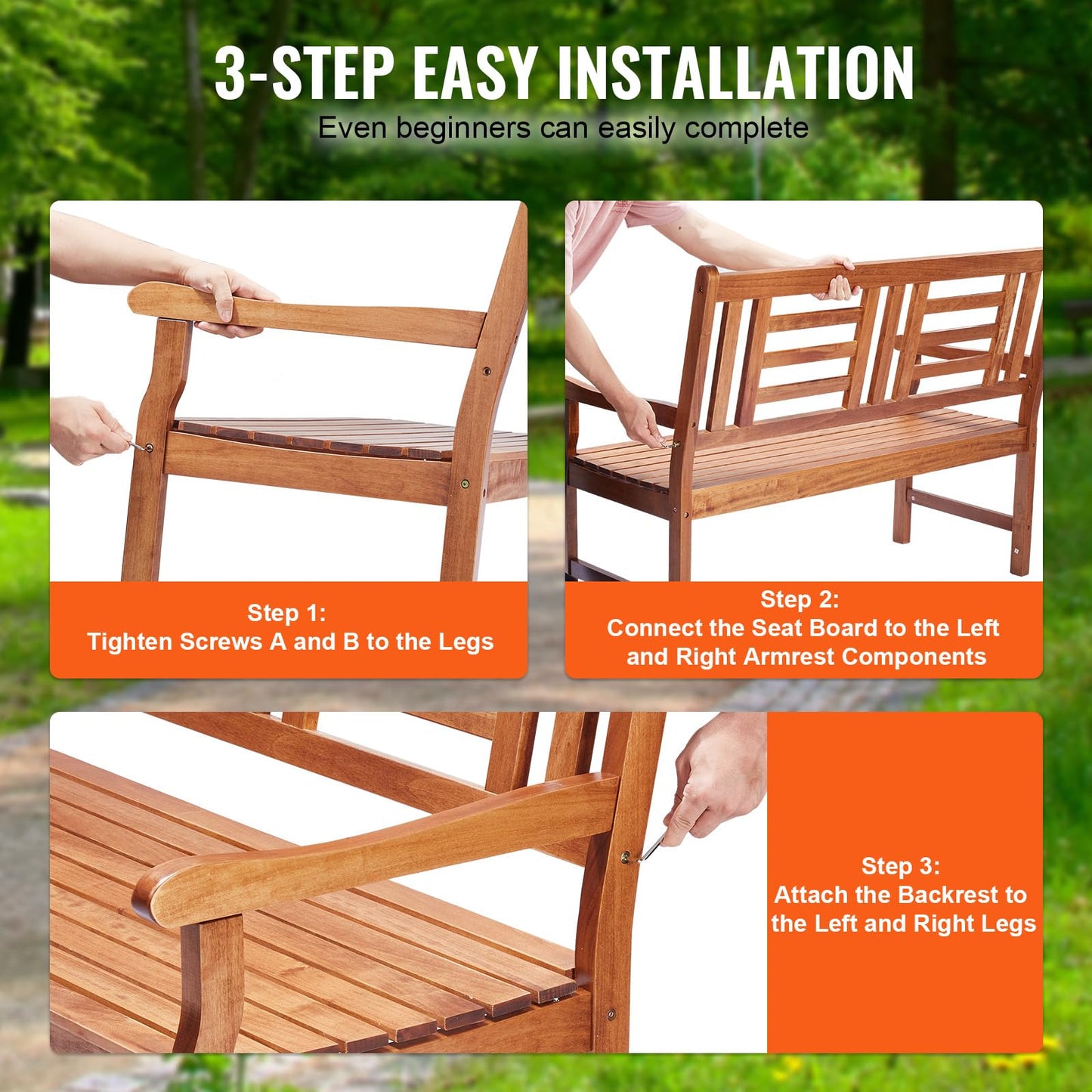 VEVOR Outdoor Bench - 48" Wood Garden Bench with Backrest & Armrests, 700 lbs Capacity, Perfect for Garden, Park, Yard & Porch