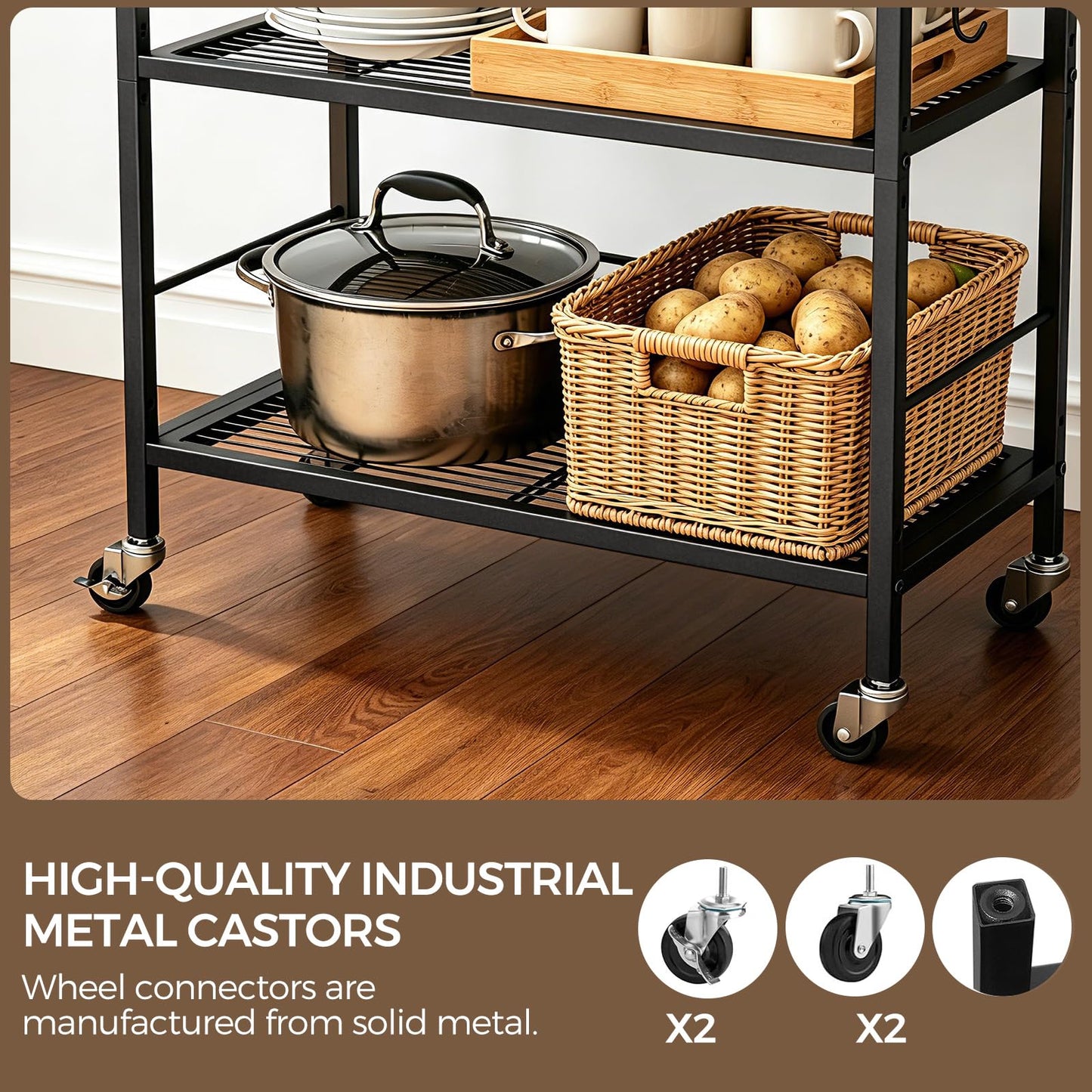 3-Tier kitchen trolley,Black Wood Top,60W×30Dcm,4 Hooks, Adjustable Shelves