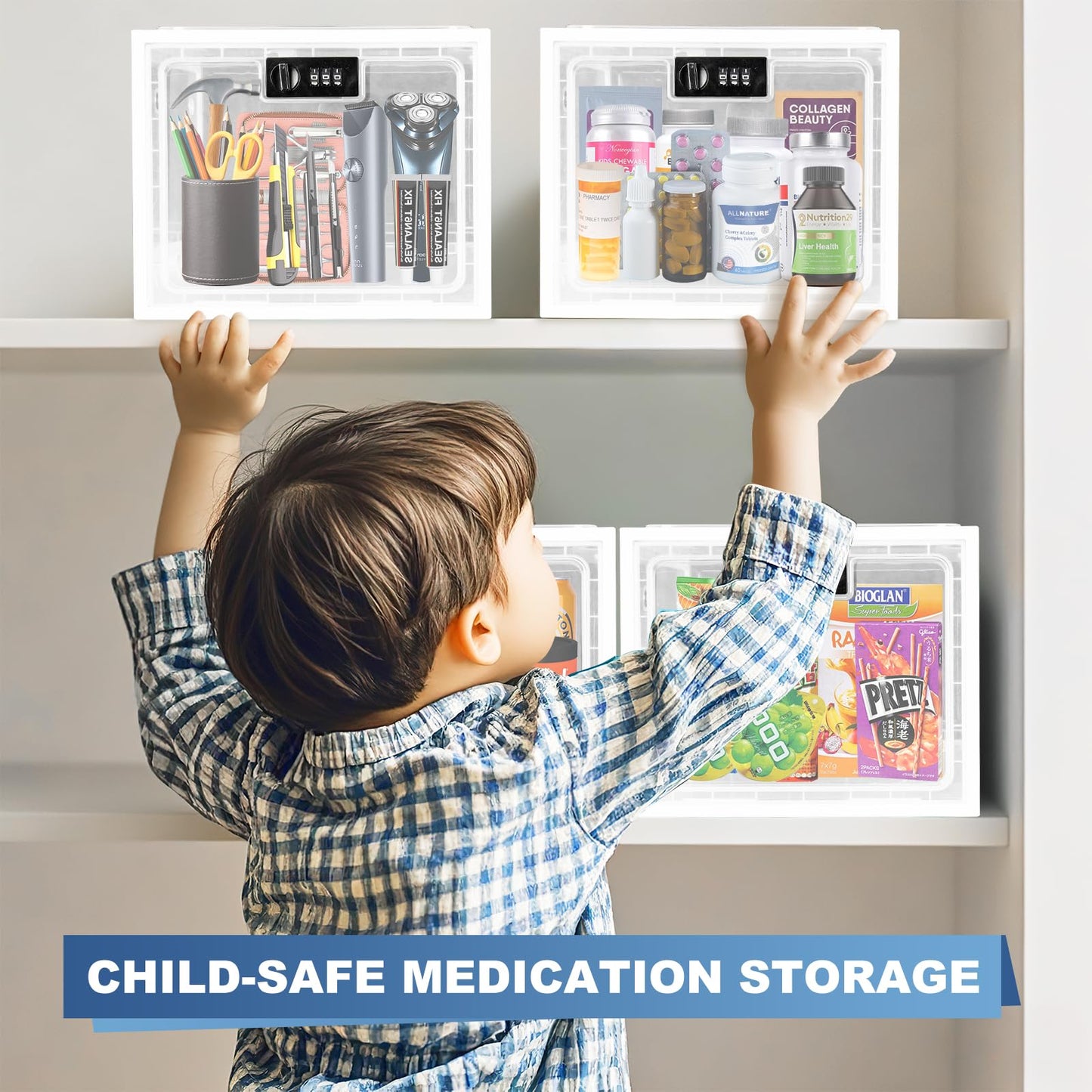 Gemaxvoled Lockable Medicine Box, Clear Medicine Storage Box, Premium Material Lockable Storage Bin Organiser Box for Fridge Food/Snacks/Phone/Tablet