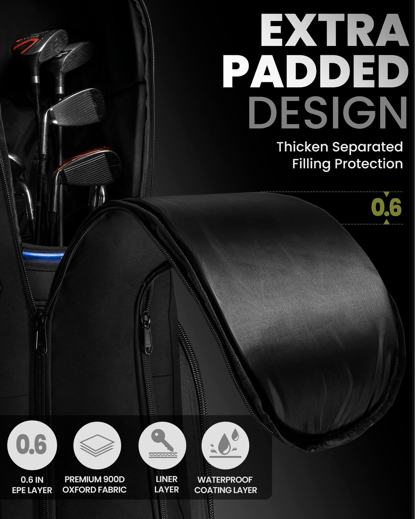 OutdoorMaster Padded Golf Travel Bag with Reinforced Wheels, 900D Heavy Duty Oxford Wear-Resistant and Waterproof Golf Travel Case, Soft-Sided Golf