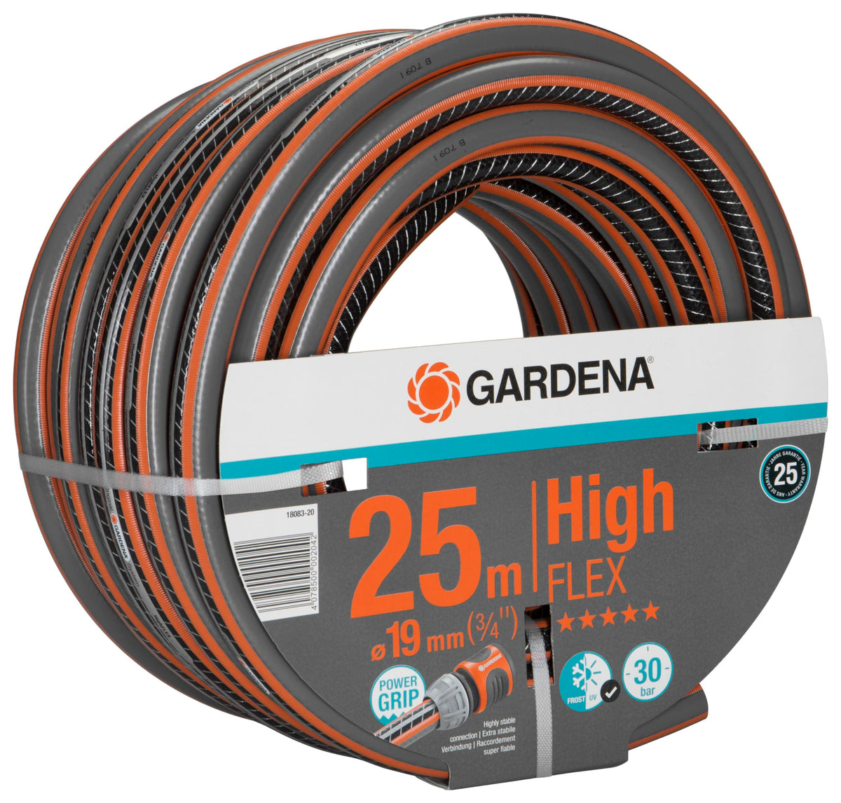 Gardena Comfort Highflex Hose 19 mm (3/4 inch), 25 m: Garden Hose with Power-Grip Profile, 30 bar Bursting Pressure, dimensionally Stable,