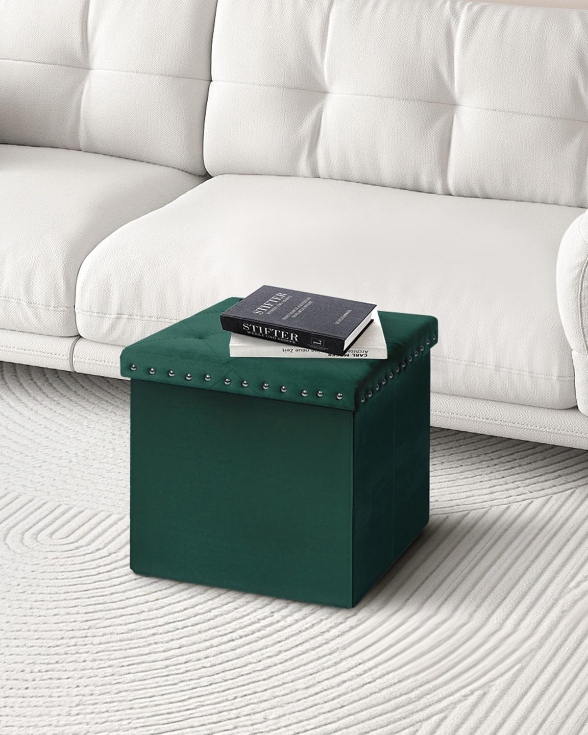 Bonlife Velvet Ottoman with Storage,Footstool Ottoman Seat,Green,40x40x40cm