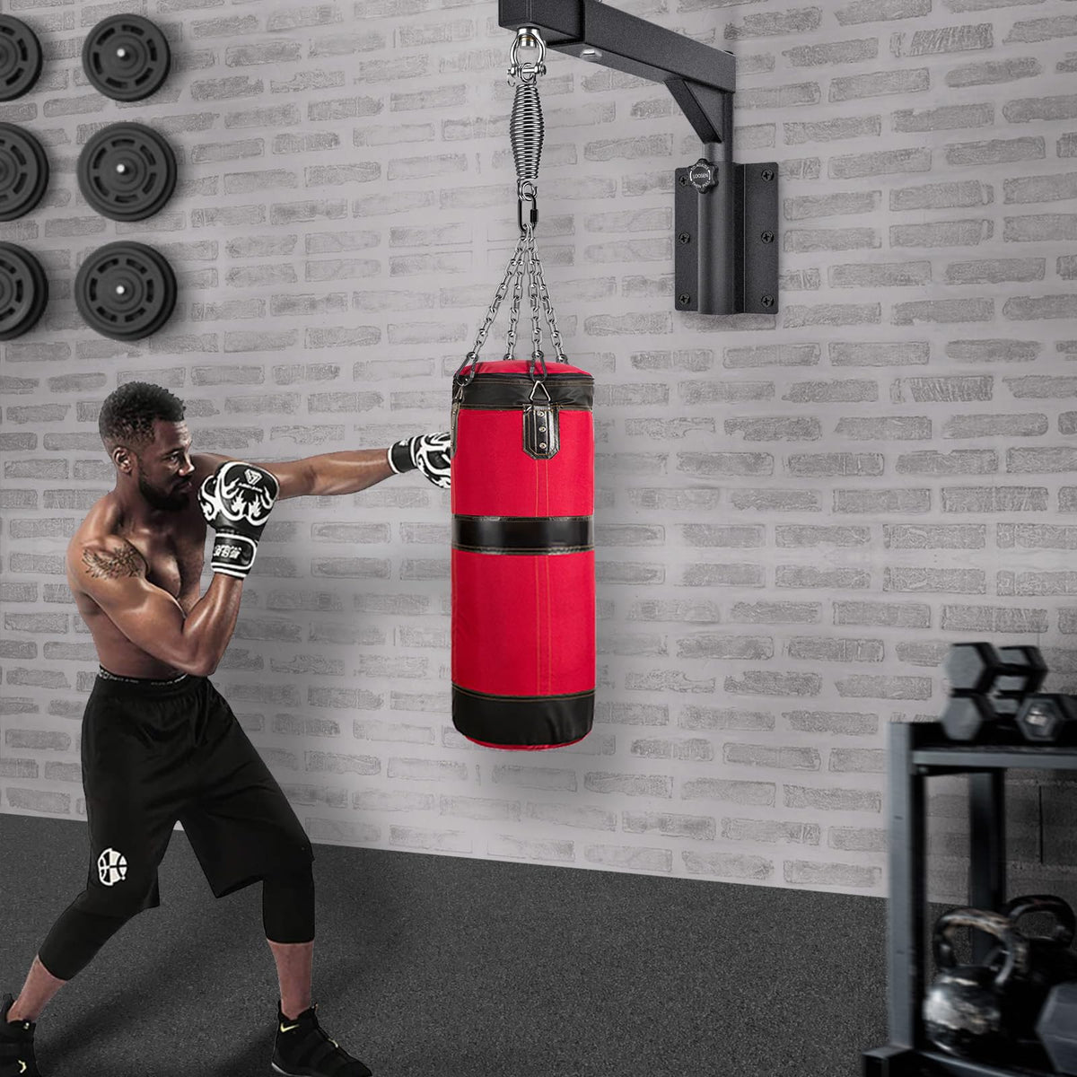 BeneLabel Punch Bag Bracket, Boxing Bag Wall Stand Frame Heavy Duty Speed Bag Hanger Silent Rotation Spring Carabiner with Adjustable 44-64cm