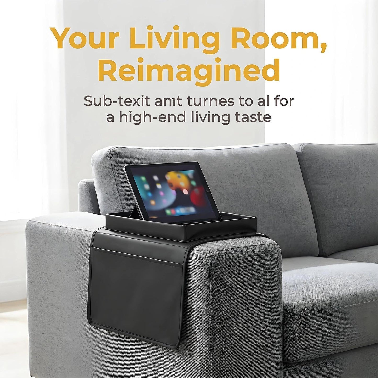 Sofa Arm Tray, Waterproof Sofa Arm Chair Table Tray, Sofa Armrest Organizer, Sofa Arm Caddy for Drinks with Yellow Rag