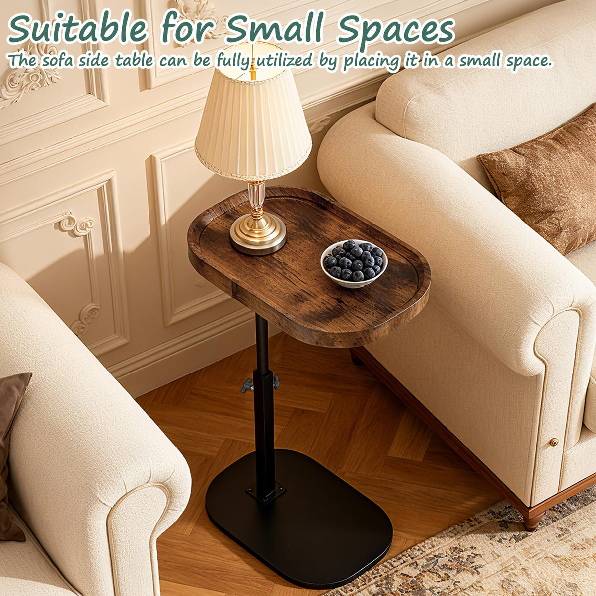 YYW Adjustable C Shaped Side Table, 360° Swivel Sofa Table, Vintage Brown