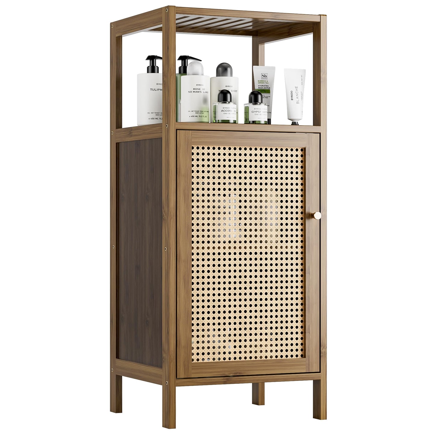 vovala Bamboo Floor Cabinet, Bathroom Storage Organizer Rack with Single Rattan Door and 1 Shelf, Small Wooden Side Cupboard Stand for Entryway