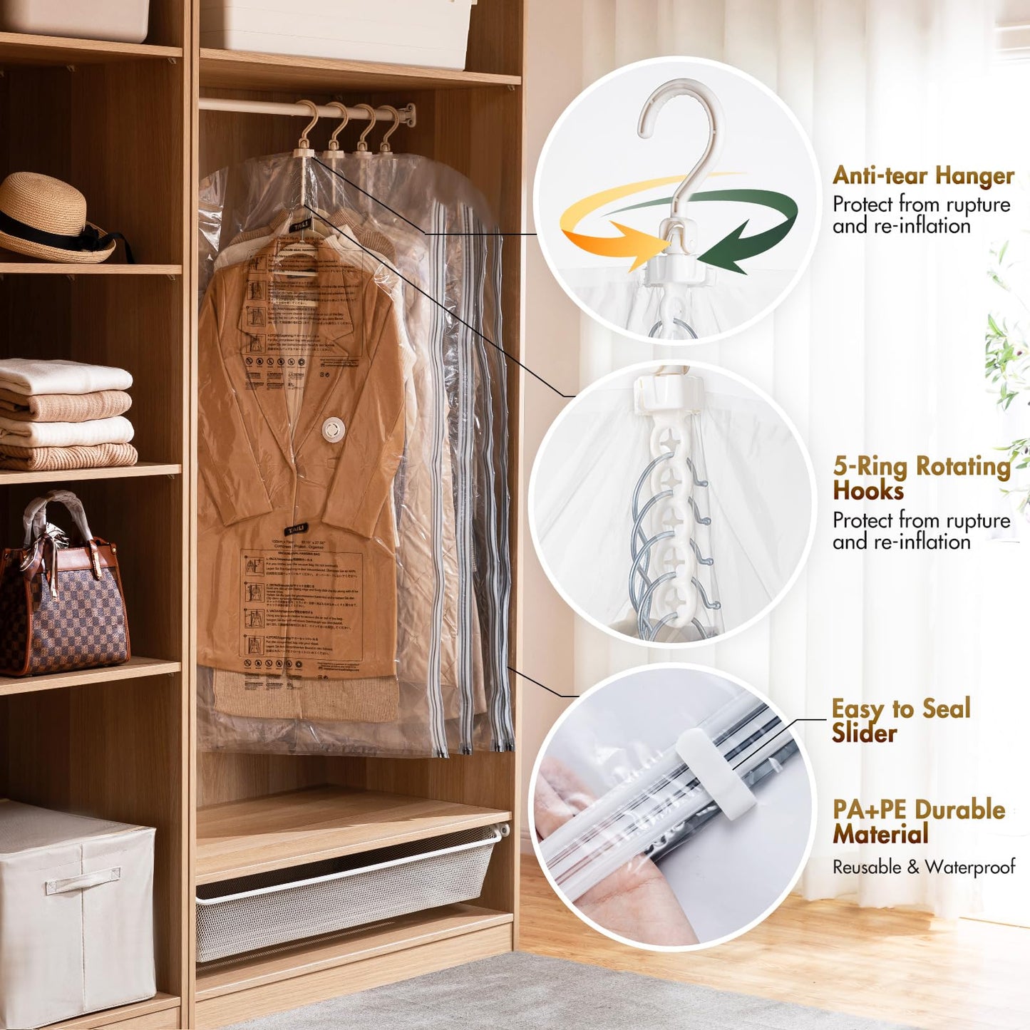 TAILI Hanging Vacuum Storage Bags for Clothes, Side-Widen Space Saver Bags 6 Long, Clear Large Compression Bag 6 Pack, Closet Organizers and Storage