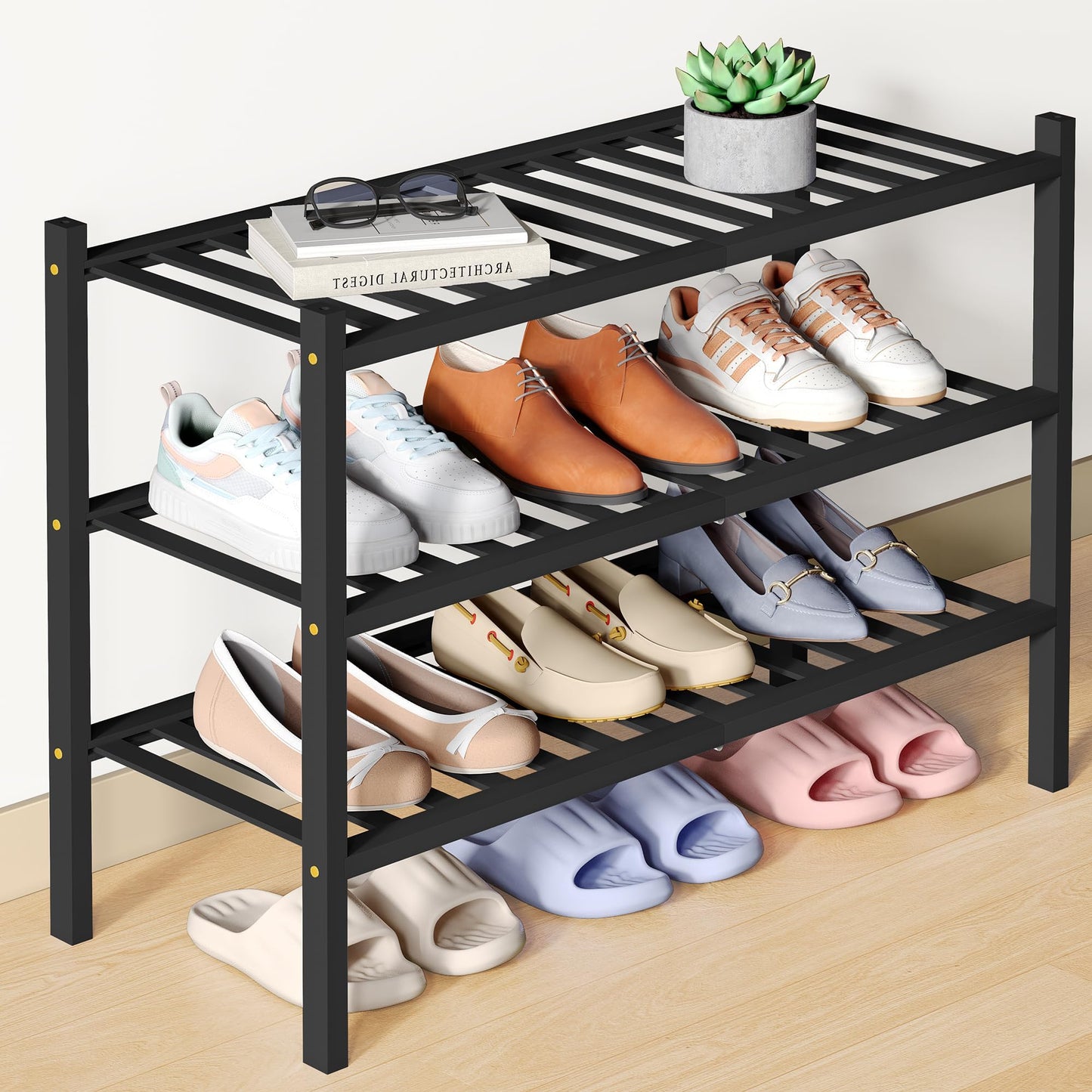 smiry Natural Bamboo Shoe Rack, 3 Tier Wooden Stackable Shoe Storage Organiser, Free Standing Shoes Storage Shelf for Entryway, Hallway, Small Spaces
