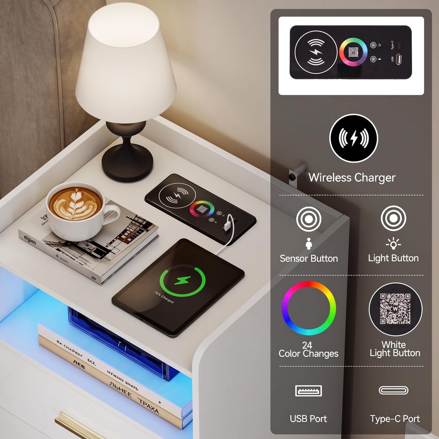 Quikraen Bedside table with 2 Drawers, wireless charging and LED light