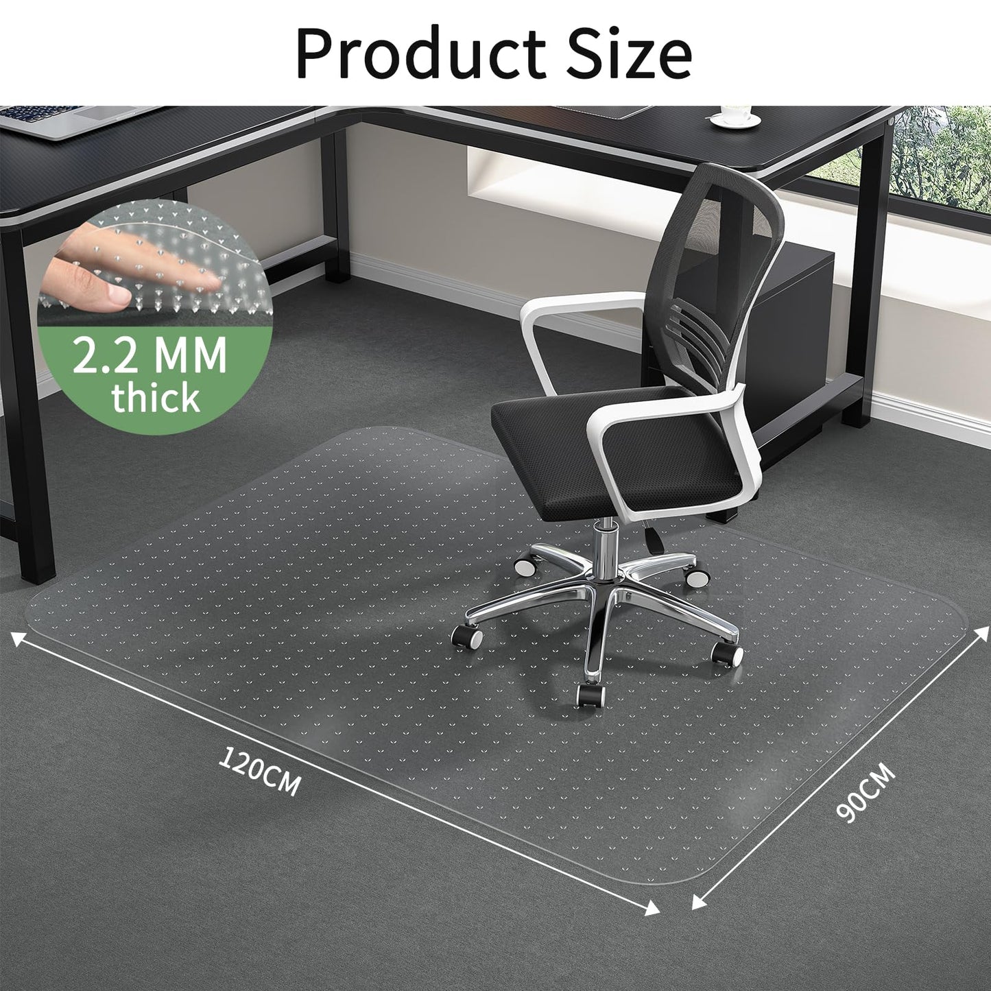 WASJOYE Office Chair Mat Carpet 90x120 cm Carpet Protector Non-slip PVC, Home Office Chair Floor Protectors, 2.2mm Thick
