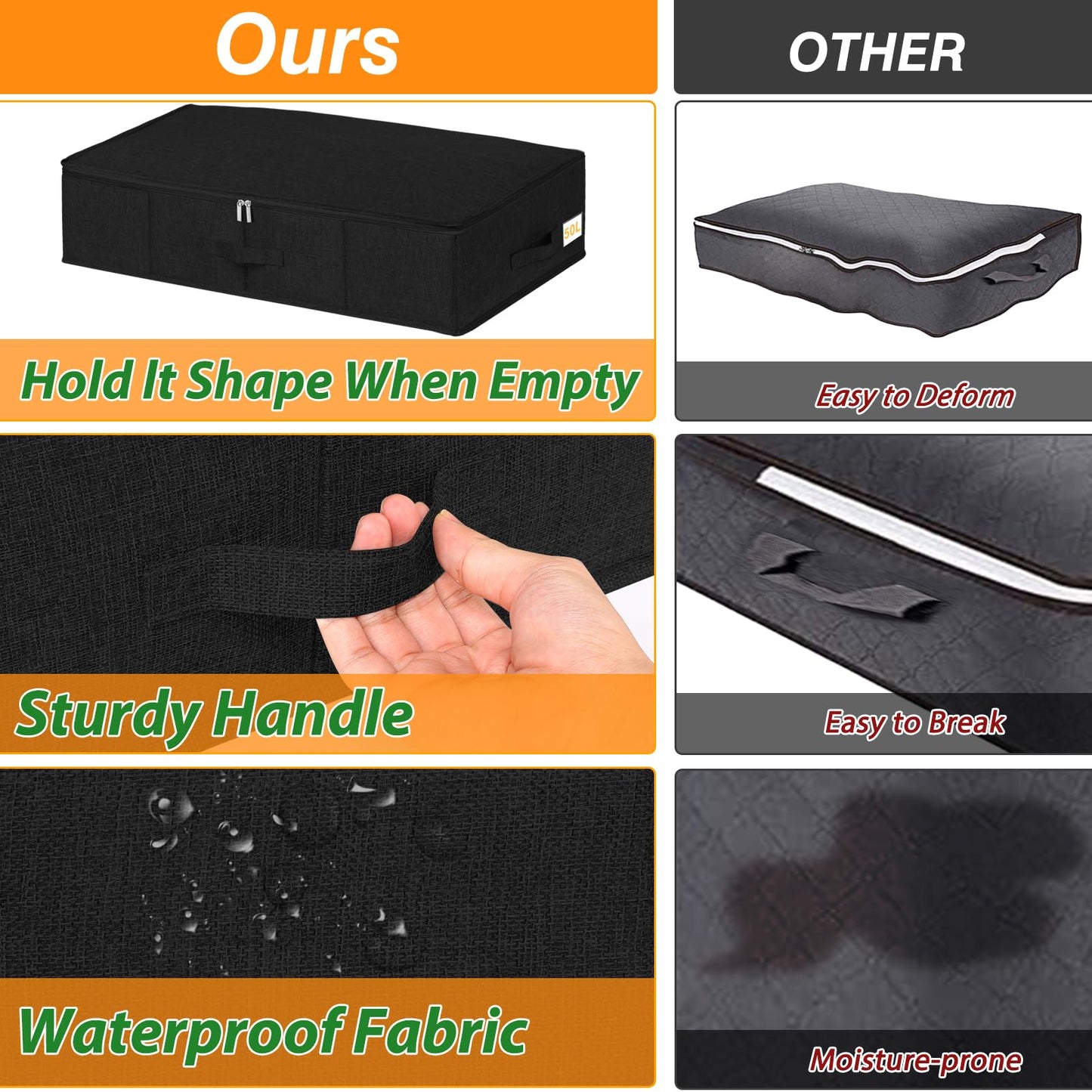Underbed Storage Box with Lids, 3 Pack Under-Bed Storage with Side & Bottom Support & 3 Handles, Large Foldable Fabric Under Bed Clothes Storage for