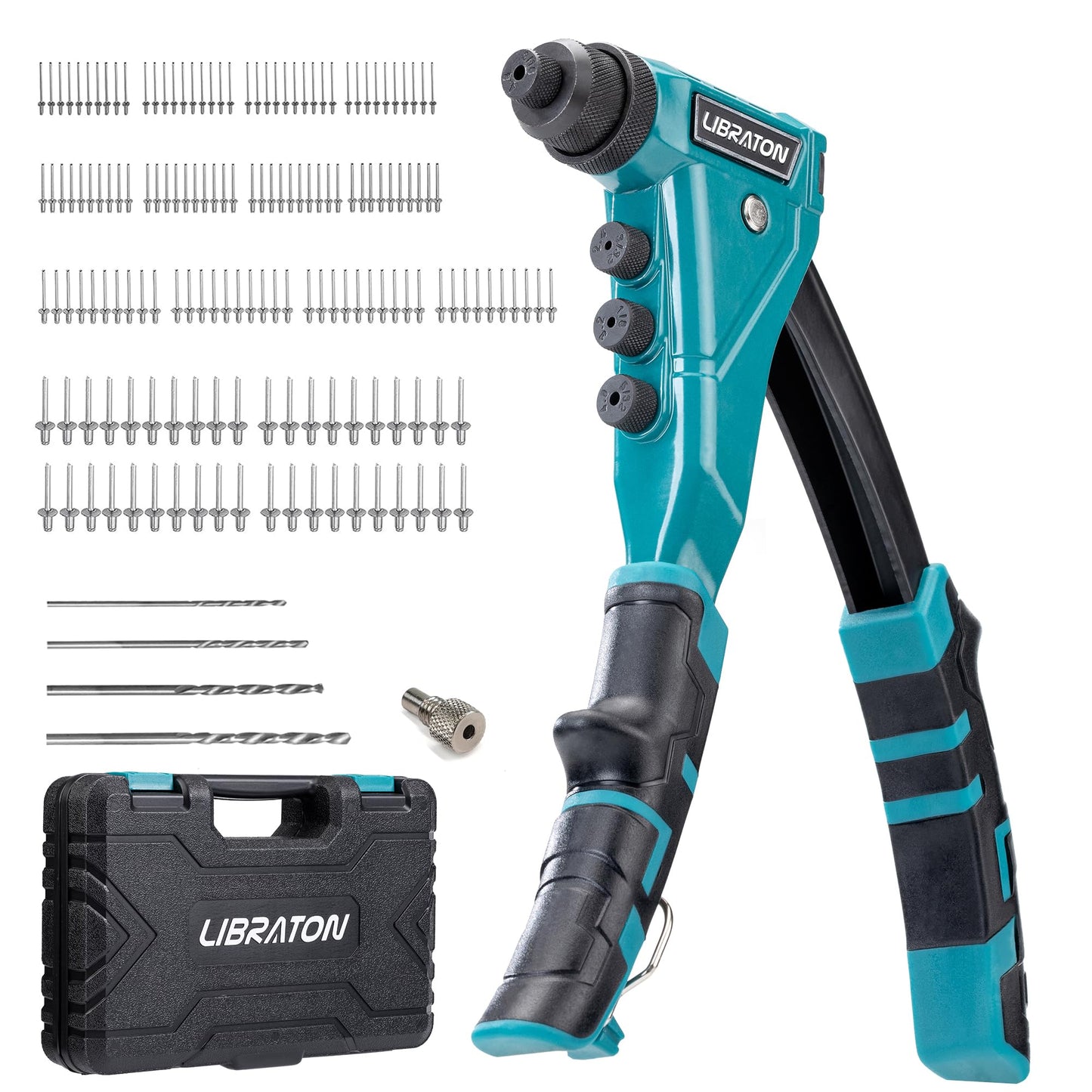 LIBRATON Heavy-Duty Rivet Gun, Pop Rivet Gun Kit, Professional Pop Riveter, Manual Riveter Gun with 160 Aluminum Rivets, Includes 4 Drill Bits, 4