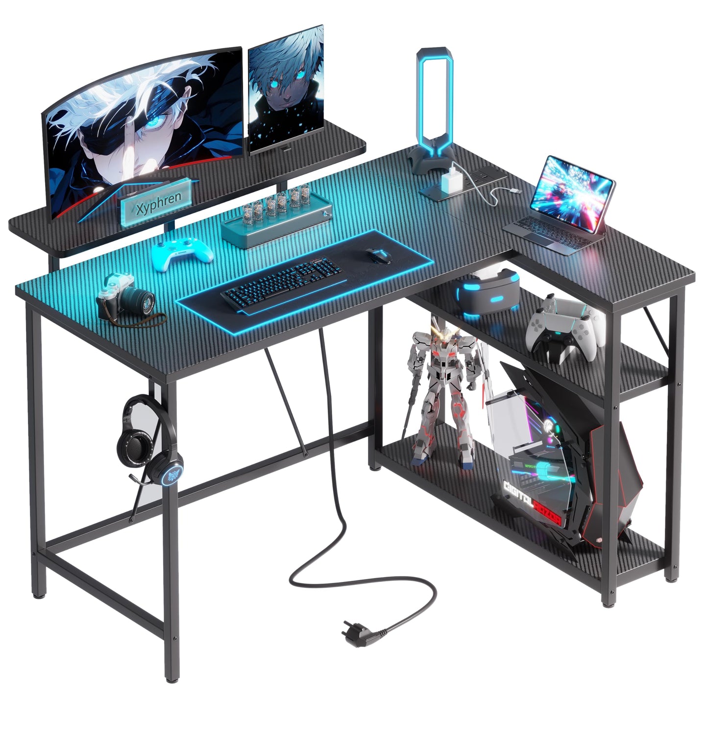 Xyphren L Shaped Gaming Desk with RGB LED Lights & Power Outlets,Corner Computer Desk with Adjustable Shelves