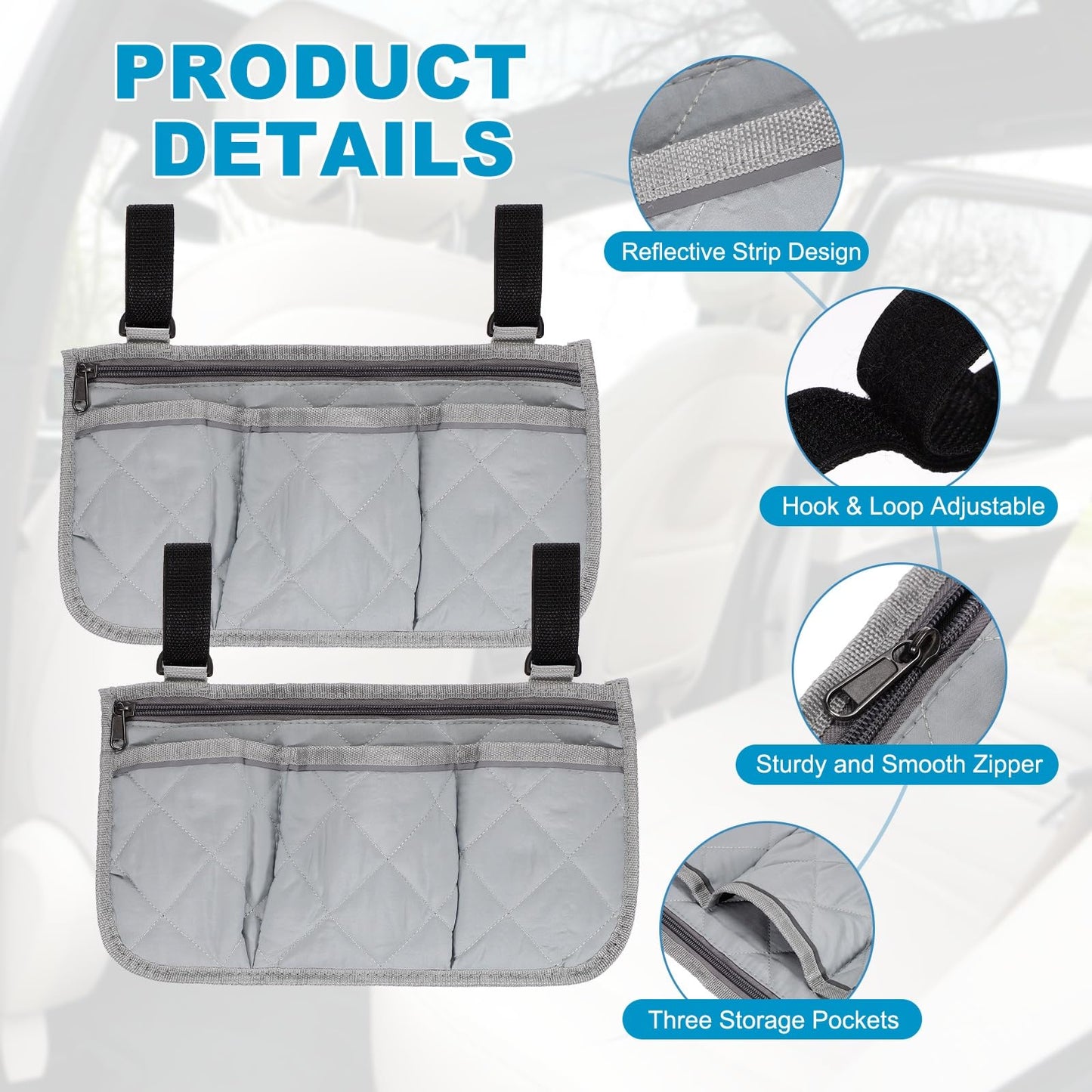 YELARXI Beach Chair Armrest Bag, Beach Side Bag Hanging Storage Organizer with Reflective 4 Pockets Waterproof Pouch 13 x 7" & 2Pcs & Gray - Fit for