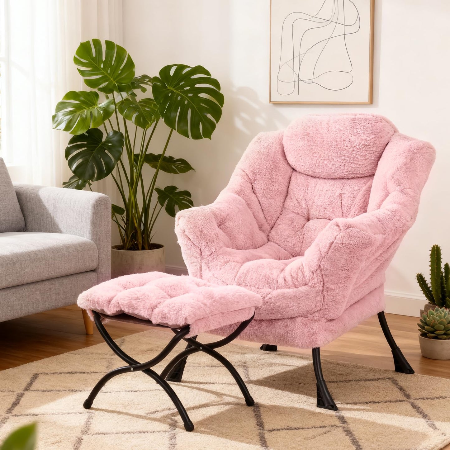SESHINELL Armchair with Ottoman, Comfy Upholstered Lounge Reading Chair with Side Pocket and Armrests