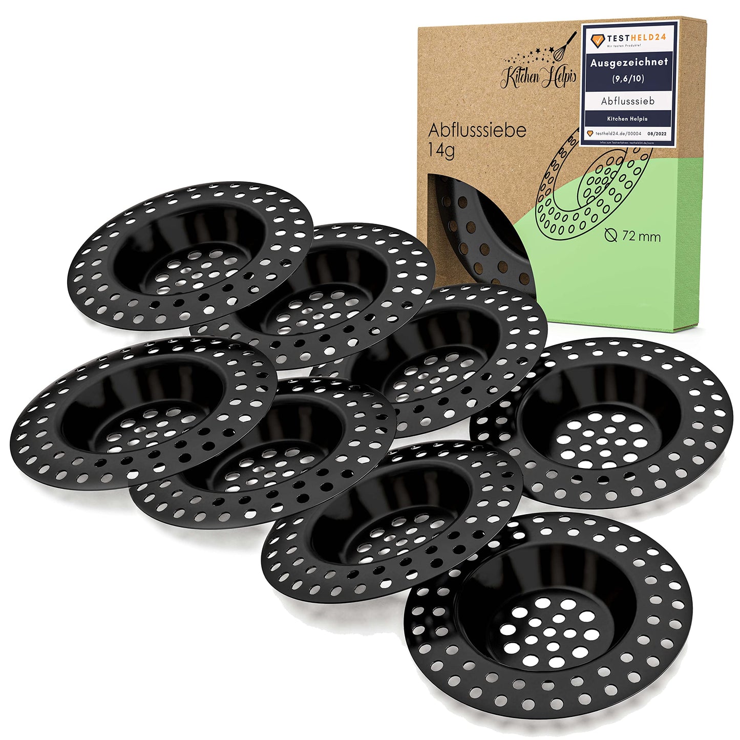 Kitchen Helpis? 8x sink strainer black suitable for ALL DRAINS, extra heavy -0.04 oz-, no floating up, made of SS304 stainless steel, drains quickly,