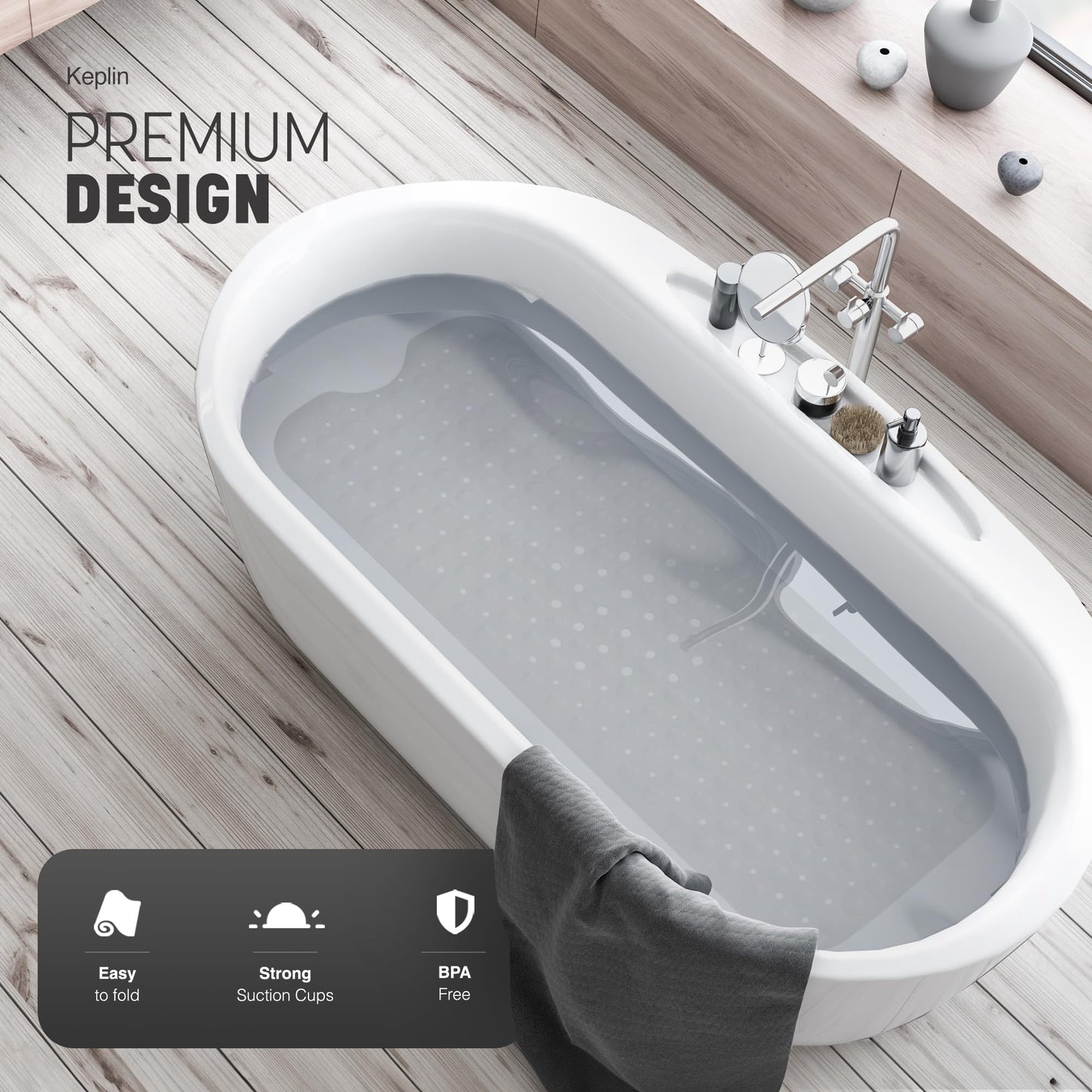 KEPLIN Premium Non-Slip Bath Mat - 200 Suction Cups, BPA, Latex Free, Mildew Resistant, Machine Washable - Safe