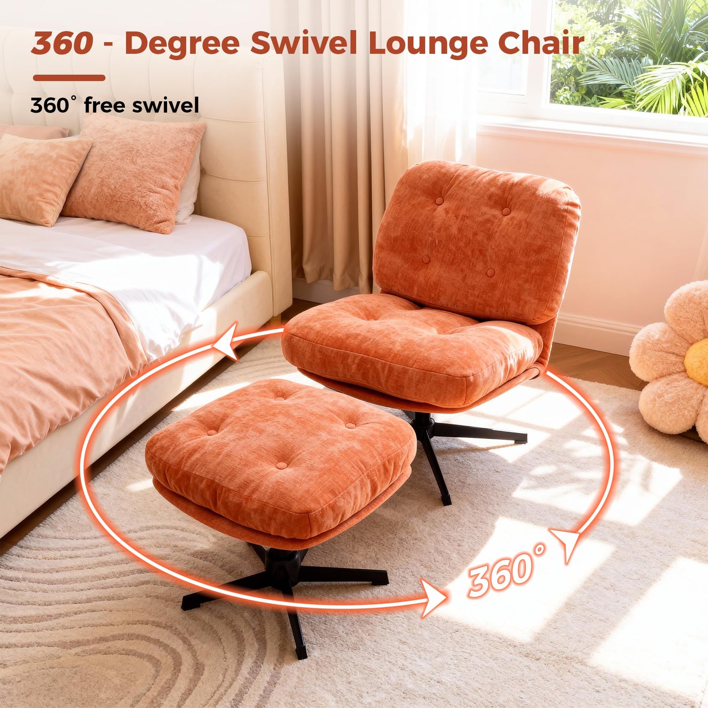 BonVache Foldable Armchair with Footstool, Chenille Accent Chair with Ottoman for Living Room, Fluffy Occasional Lounge Chair for Bedroom and Office