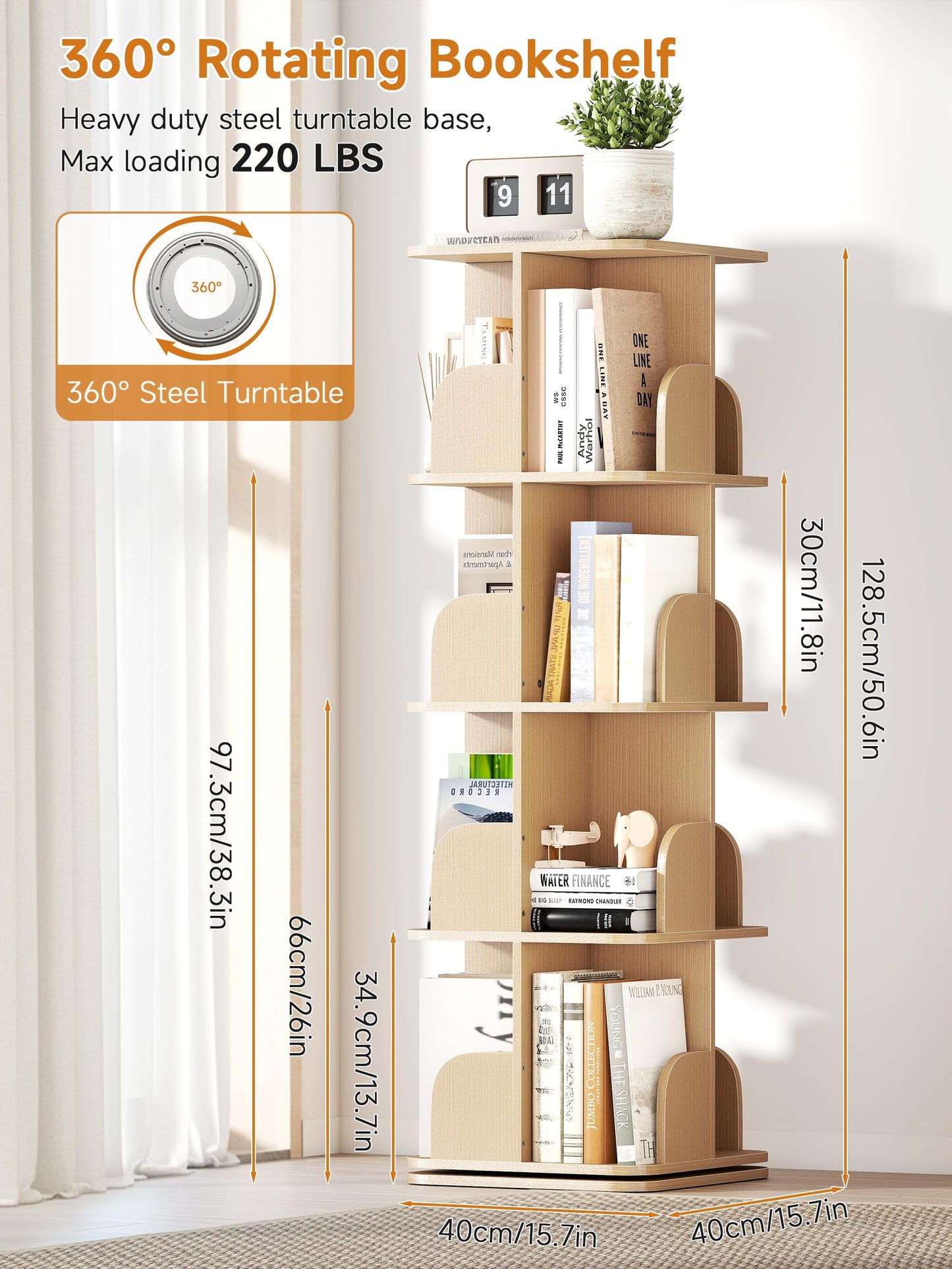 yeshine 4 Tier Rotating Bookshelf Wood Square Revolving Bookcase
