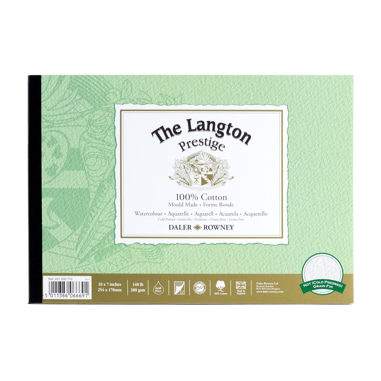 Daler-Rowney The Langton Prestige Cold-Pressed Watercolour 300gsm 10 x 7in Natural White Paper Pad, Glued 1 Side, Acid-free, 12 Sheets, Ideal for