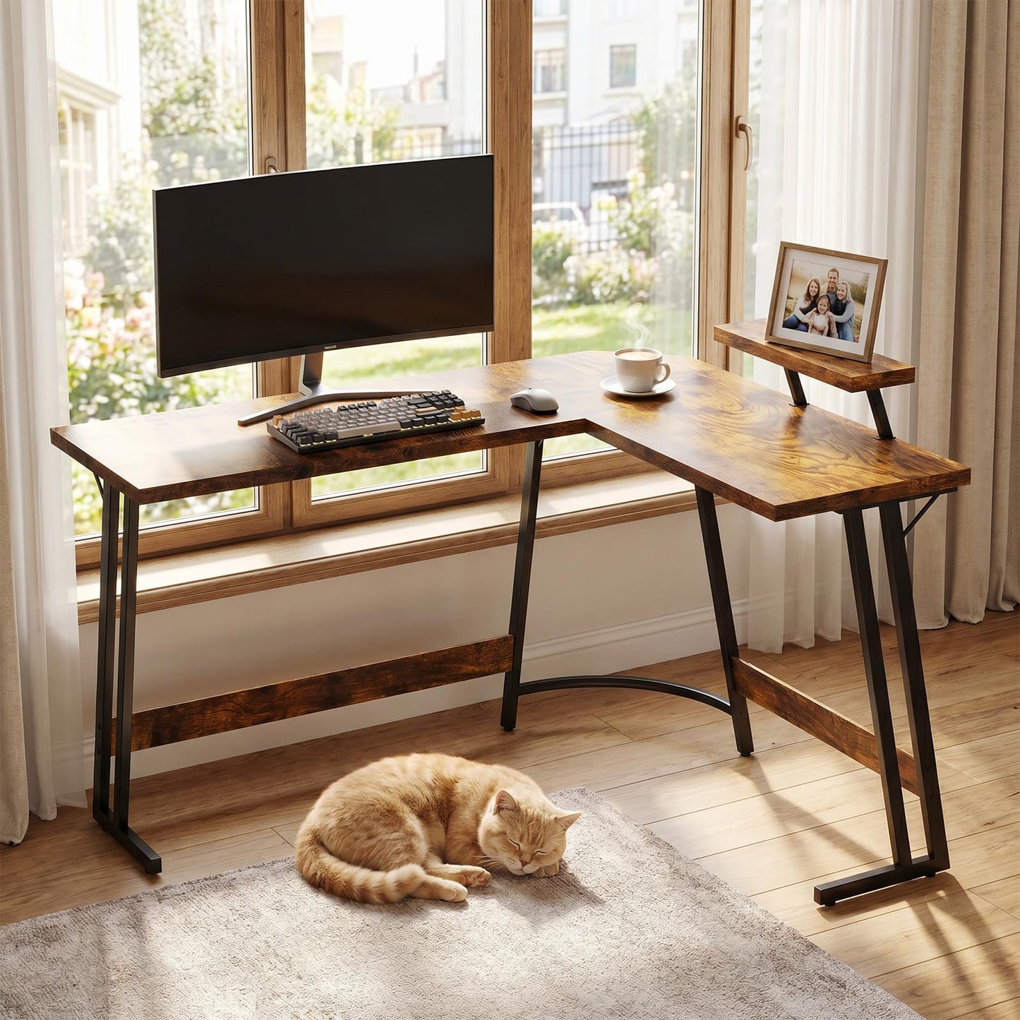 JUMMICO L Shaped Gaming Desk with Large Monitor Stand 120x120x75cm,Corner Desk for Home Office Study Writing Workstation, Wood Grain Rustic Brown