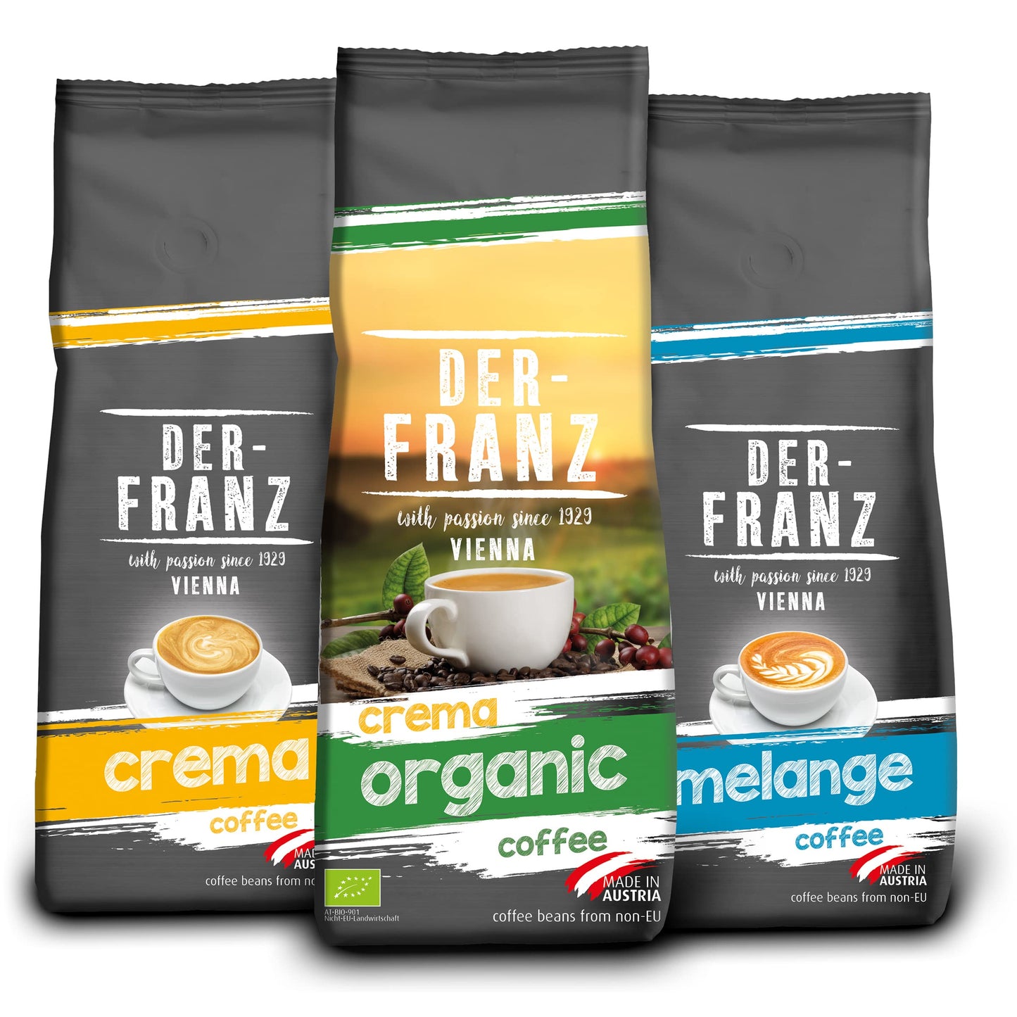 Der-Franz Coffee Pack, ground, 3 x 500 g, (1 x Crema, 1 x Melange, 1 x Crema Organic)