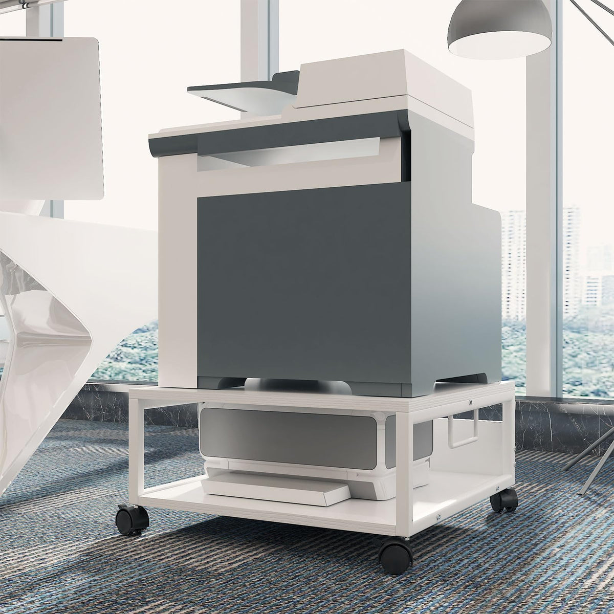 IBUYKE 2 Tier Desktop Printer Stand Cart,Printer Table with Wheels,Desk Heavy Duty Rolling Table with Storage Folders,for Books, Fax Machine