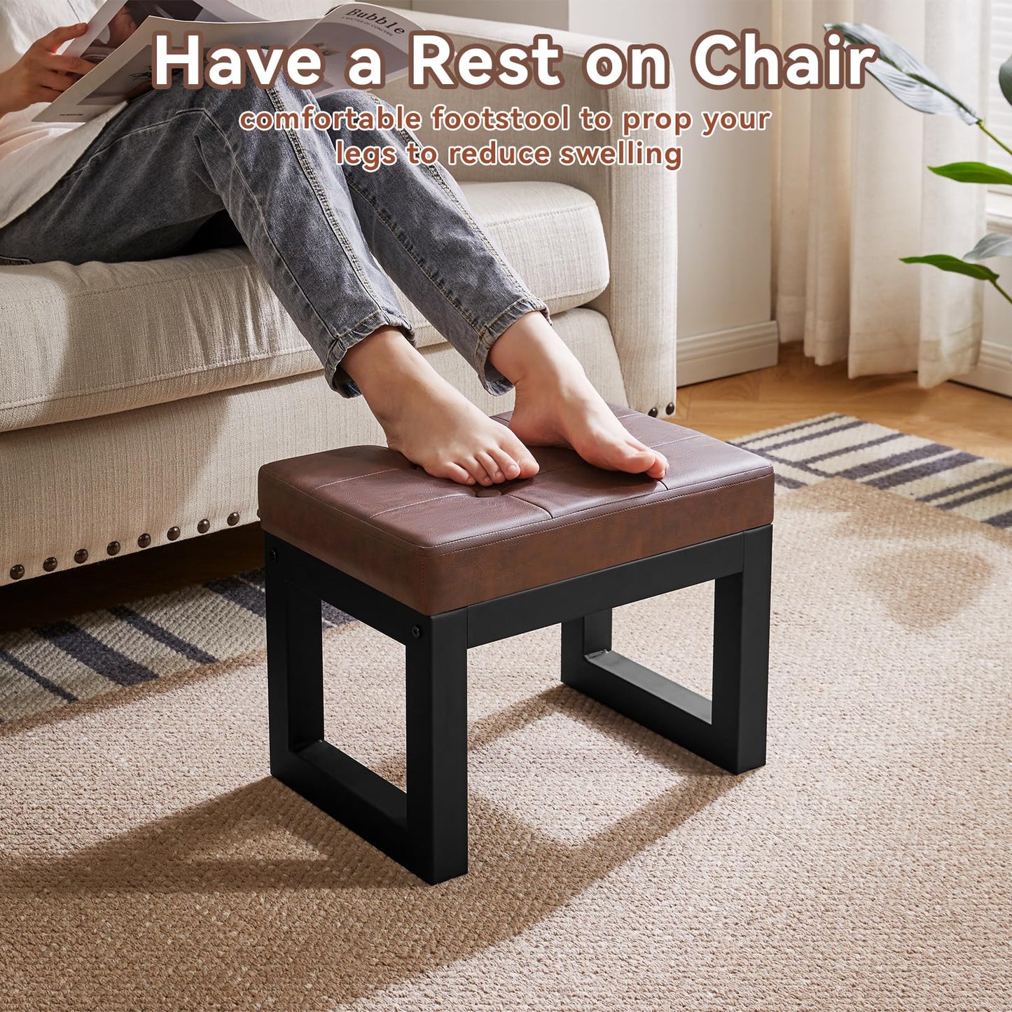 IBUYKE 16 Inch Small Foot Stool Ottoman, Rectangle PU Faux Leather Foot Rest with Padded Seat and Metal Legs
