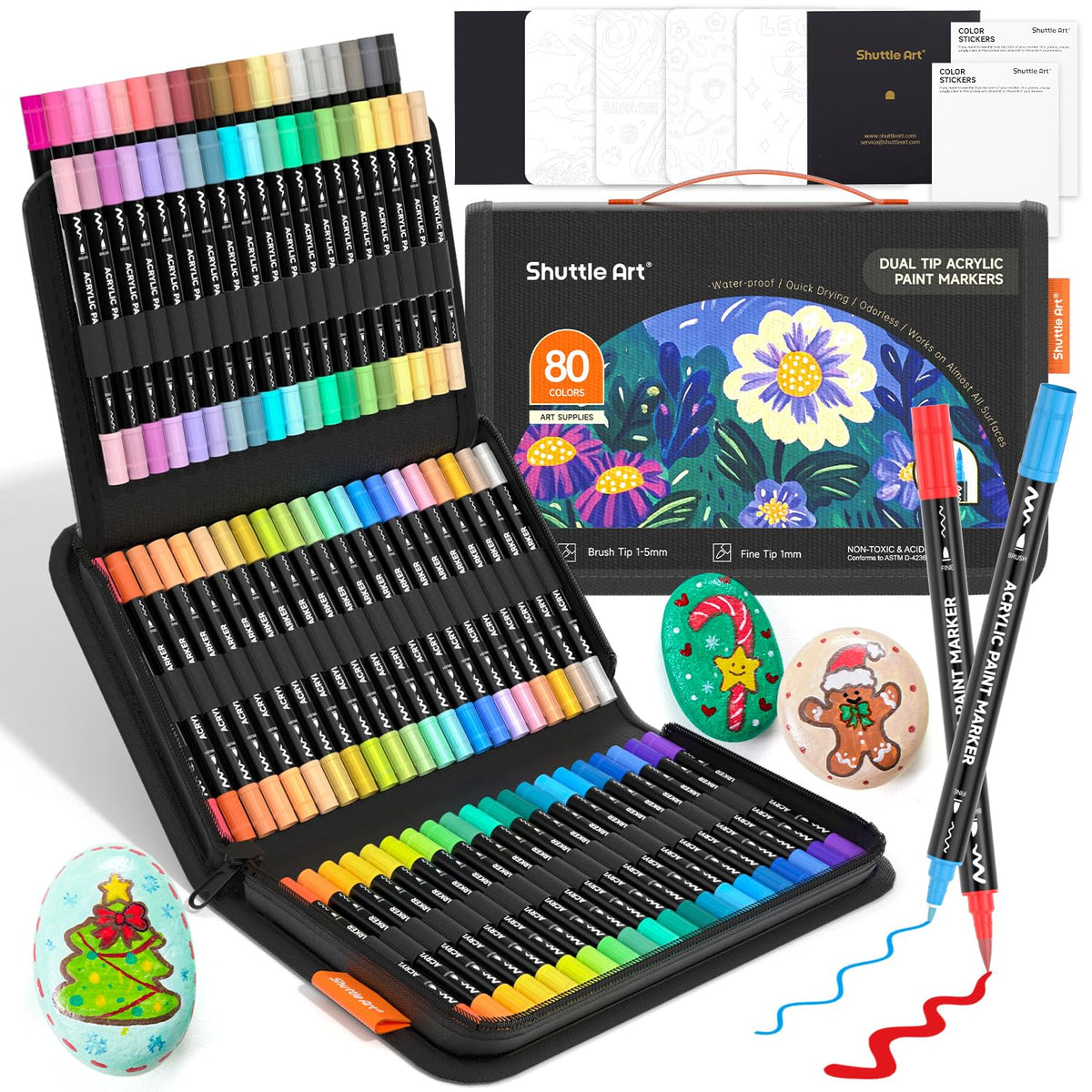 Shuttle Art 80 Colours Acrylic Paint Pens, Dual Tip Fine & Brush Acrylic Markers, Colouring Pens for Rock Painting, Ceramic, Wood, Fabric, Glass,