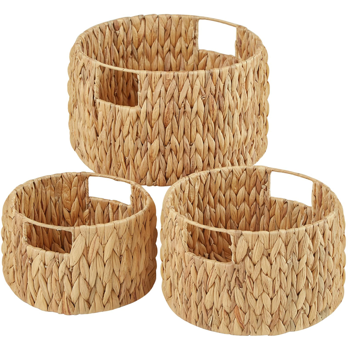 Vagusicc Water Hyacinth Storage Basket Set of 3, HandWoven Round Wicker Storage Basket with Handle, Natural Woven Shelf Basket Organizer